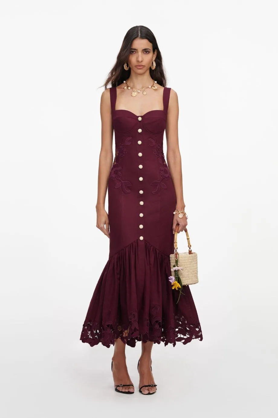 Buttoned Linen Lace Sleeveless Midi Dress in Burgundy