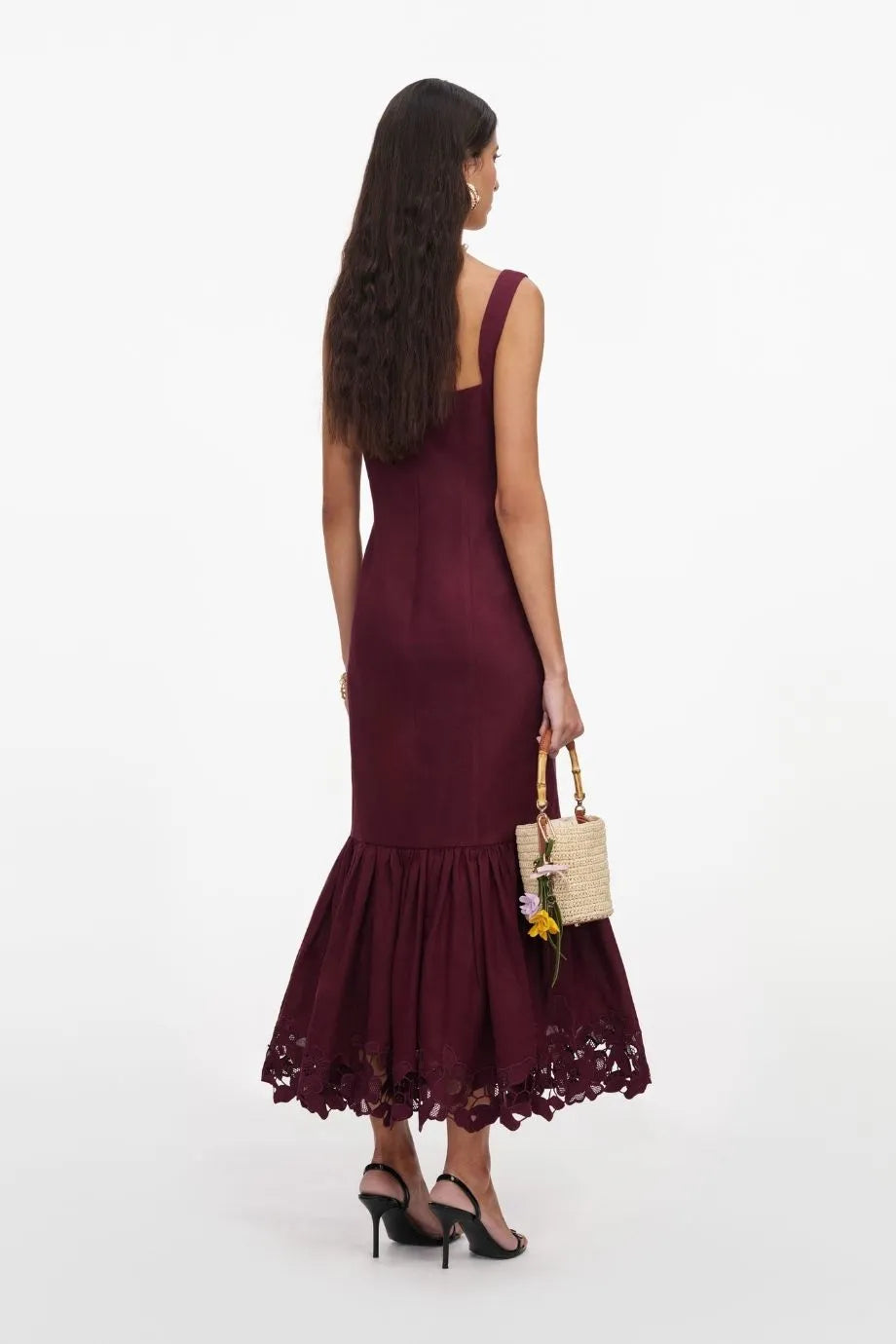 Buttoned Linen Lace Sleeveless Midi Dress in Burgundy