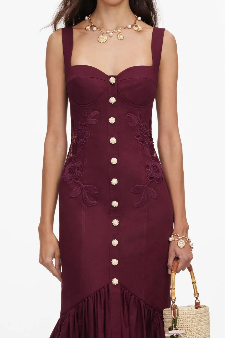 Buttoned Linen Lace Sleeveless Midi Dress in Burgundy