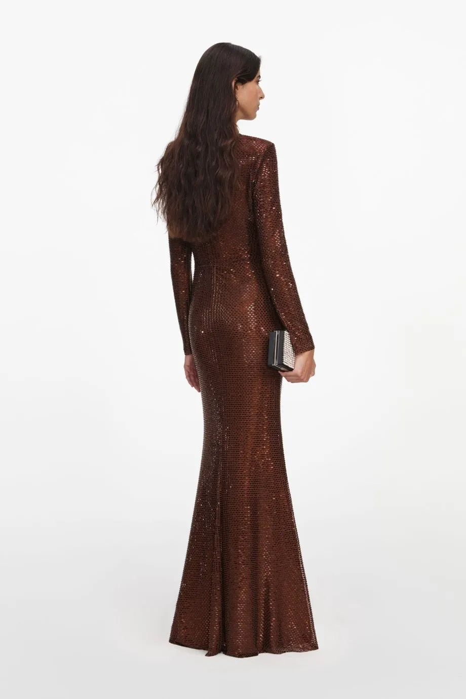 Long Sleeves Rhinestones Evening Dress in Brown