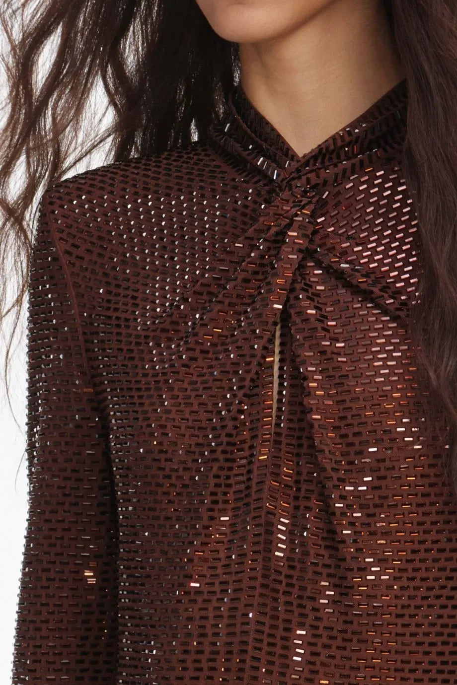 Long Sleeves Rhinestones Evening Dress in Brown
