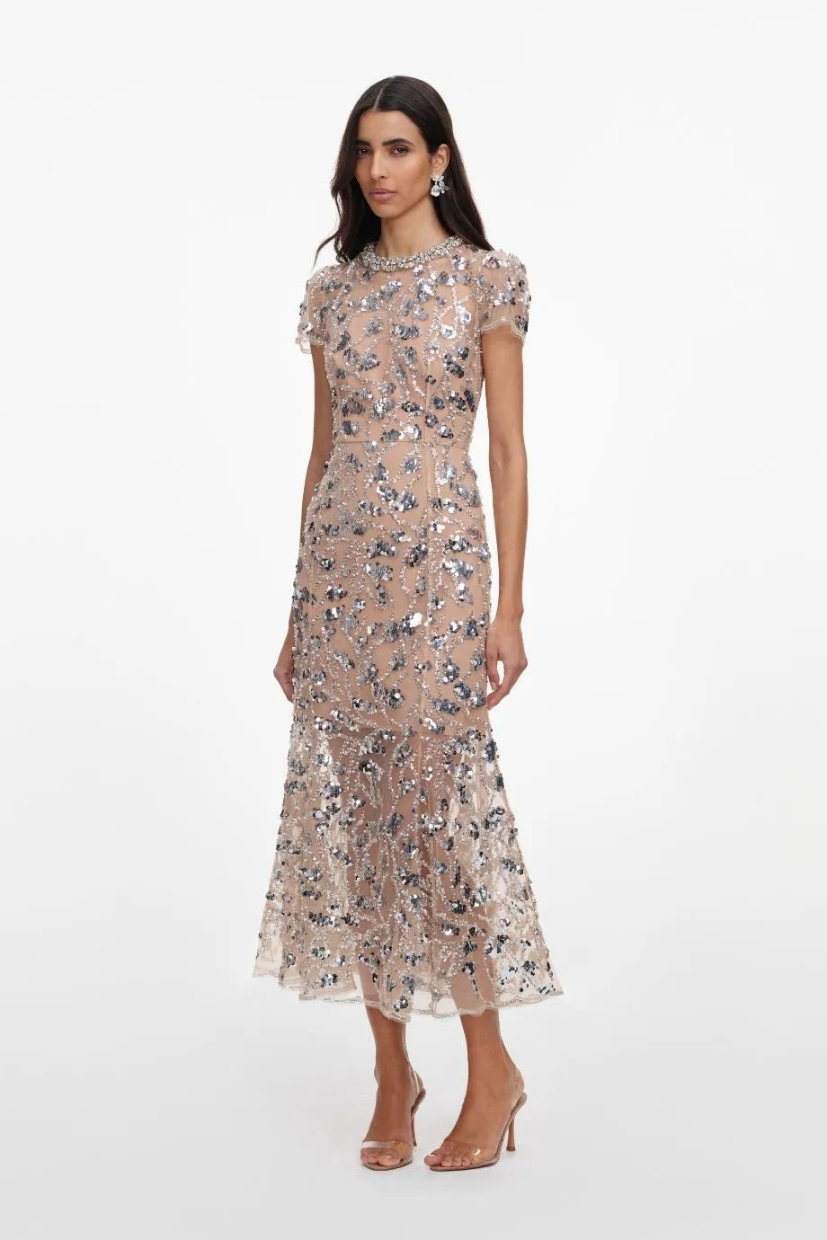 Sequin Collar Embellished Short Sleeves Evening Dress in Silver