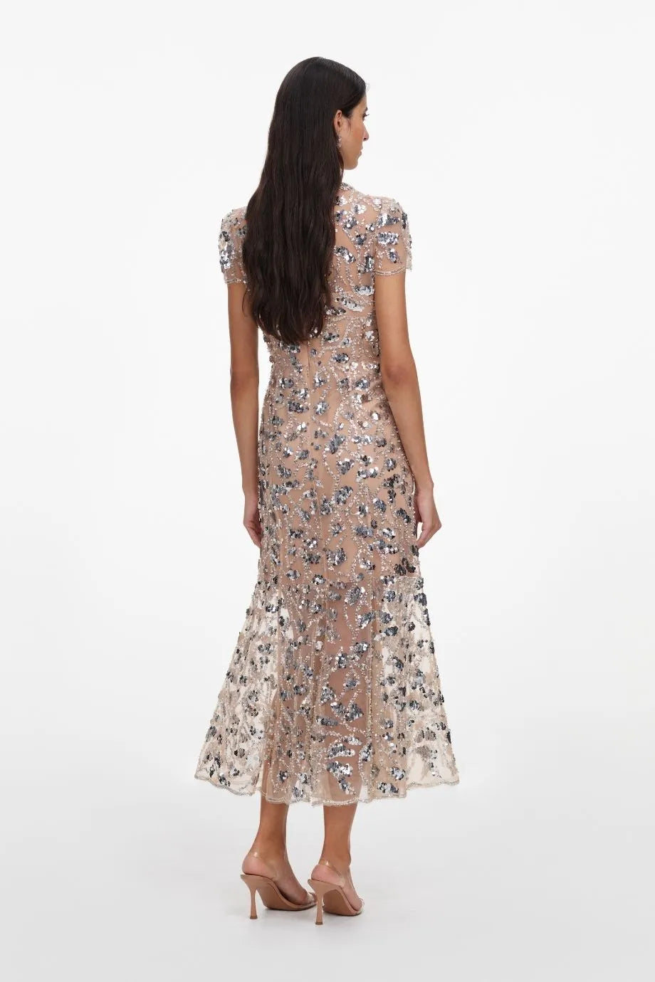 Sequin Collar Embellished Short Sleeves Evening Dress in Silver