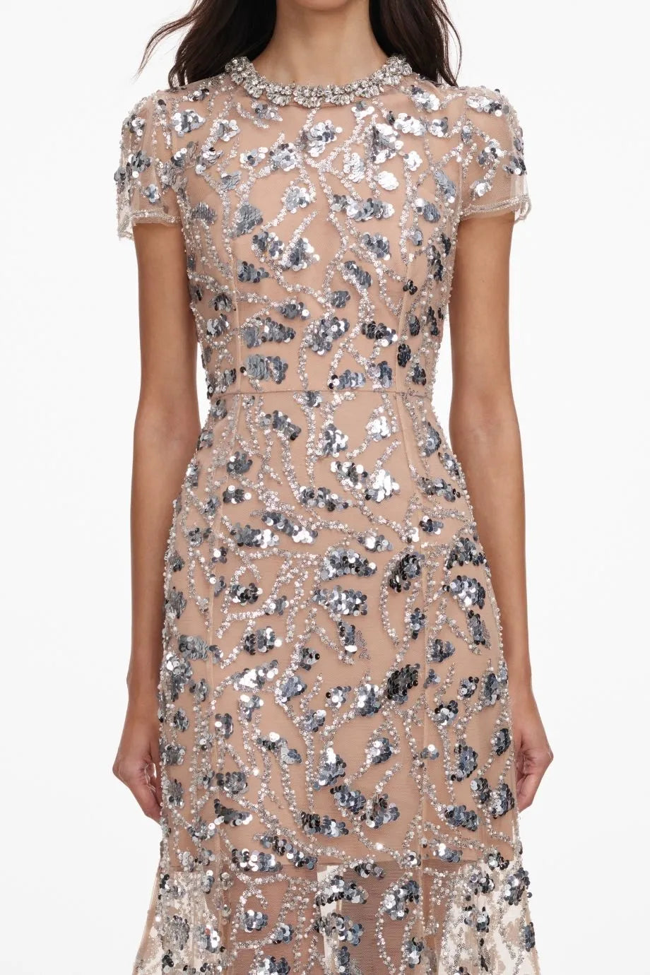 Sequin Collar Embellished Short Sleeves Evening Dress in Silver