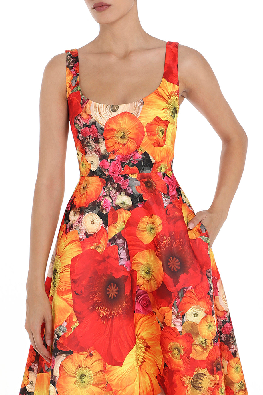 Christopher Kane A-Line Floral Dress in Orange. Detail view. Shop from Etoile La Boutique.