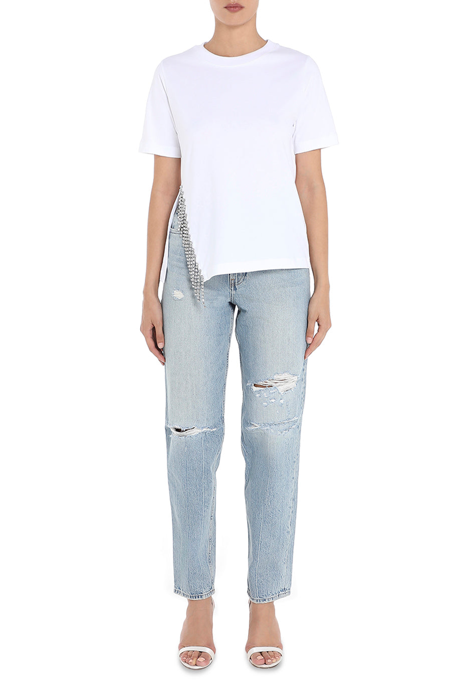 Christopher Kane Crystal Cupchain T-Shirt in White. Front view.