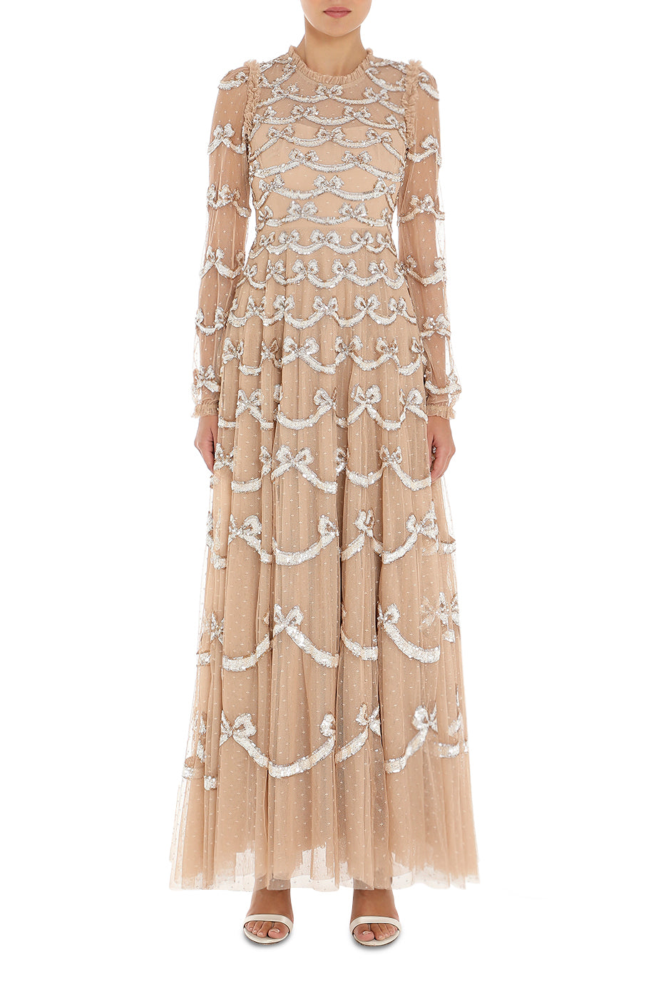 Bow Sequin Long Sleeve Gown