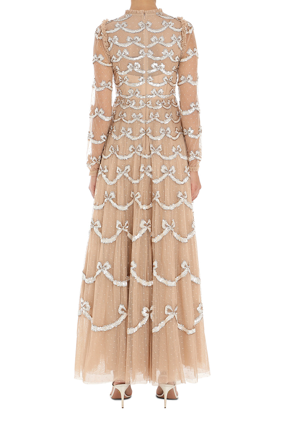 Bow Sequin Long Sleeve Gown