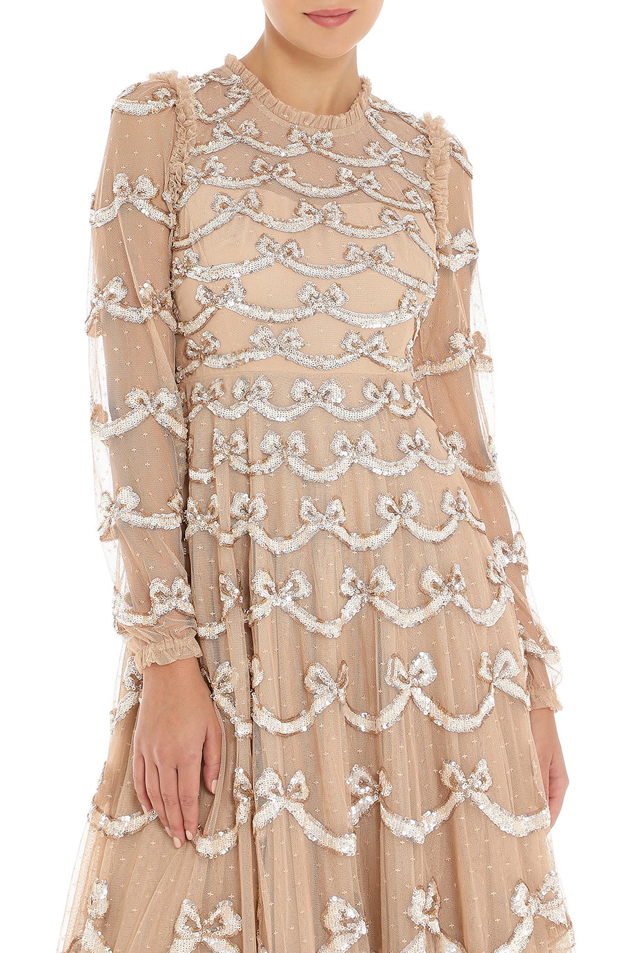 Bow Sequin Long Sleeve Gown