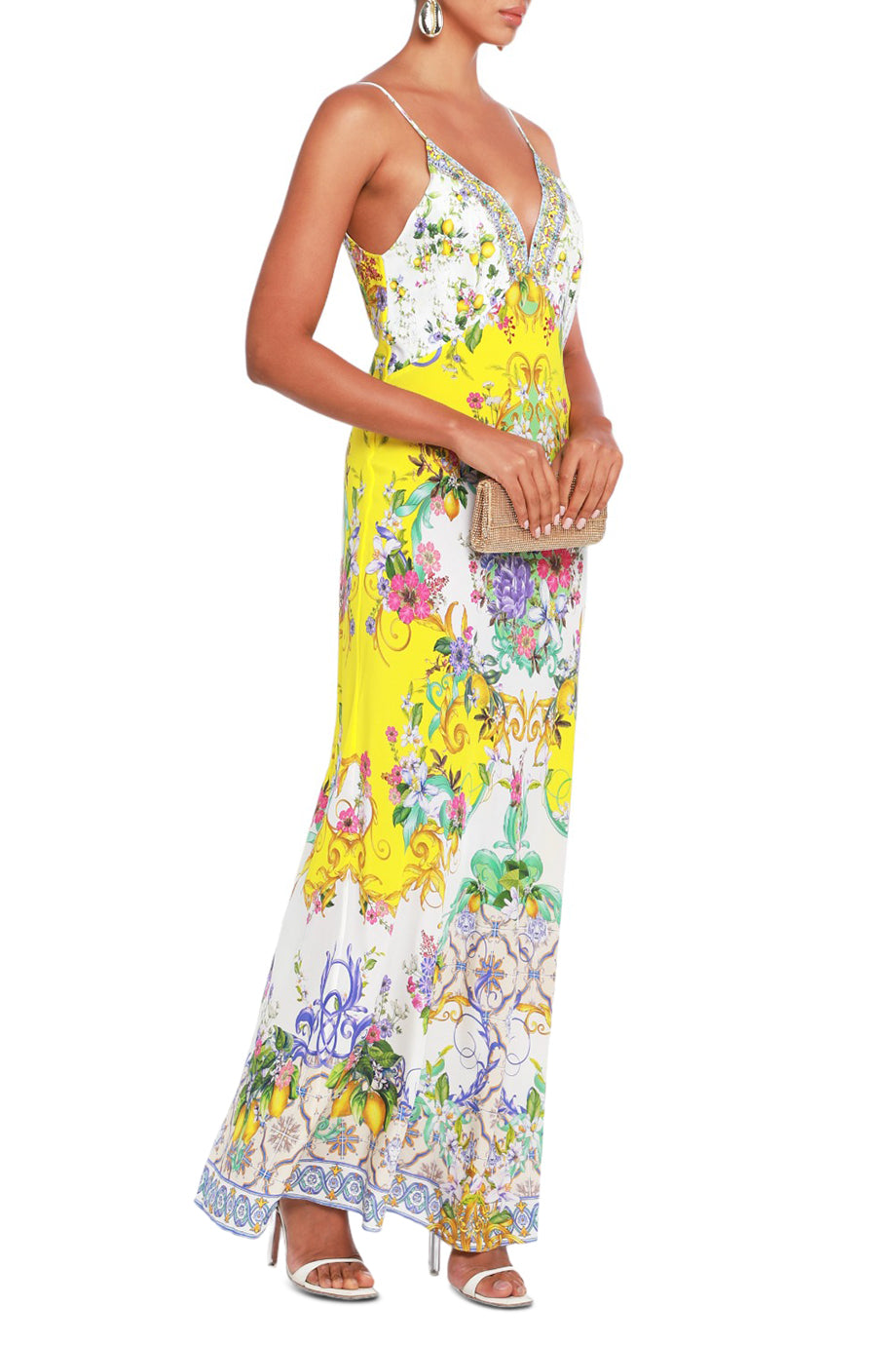 V Neck Full Length Bias Slip Dress