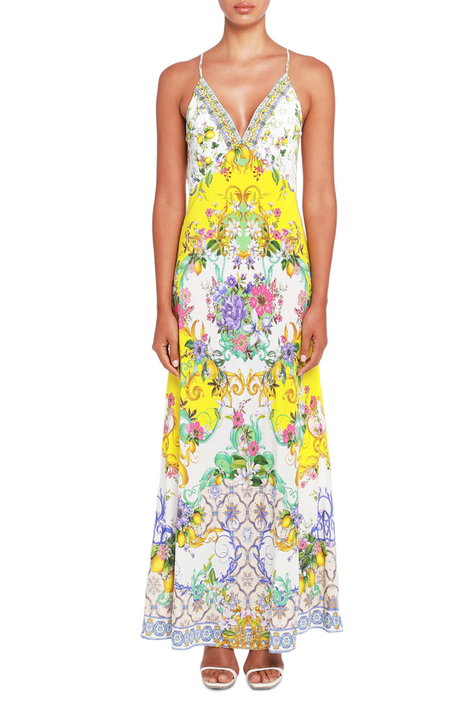 V Neck Full Length Bias Slip Dress