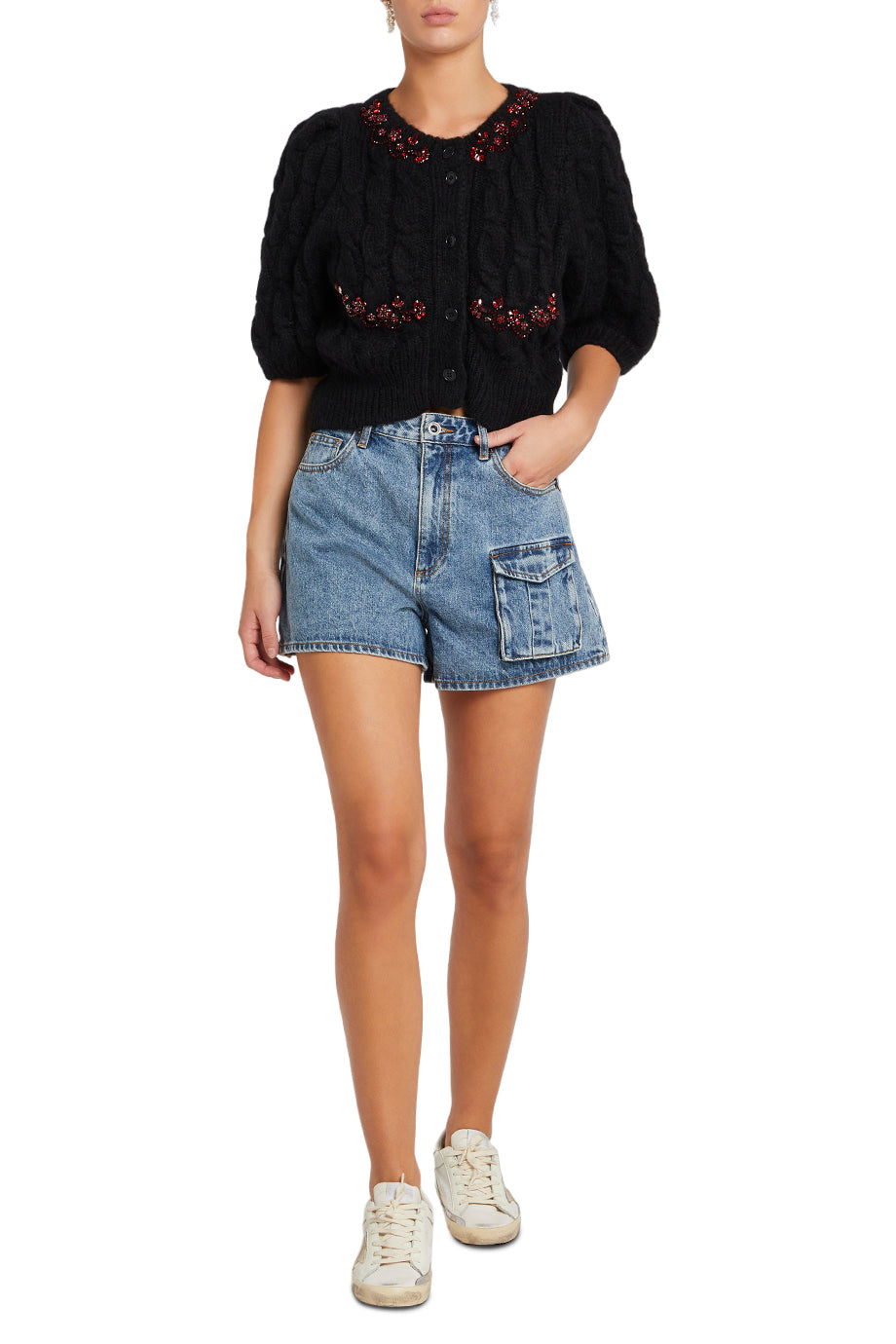 CROPPED CABLE PUFF SLEEVE CARDIGAN
