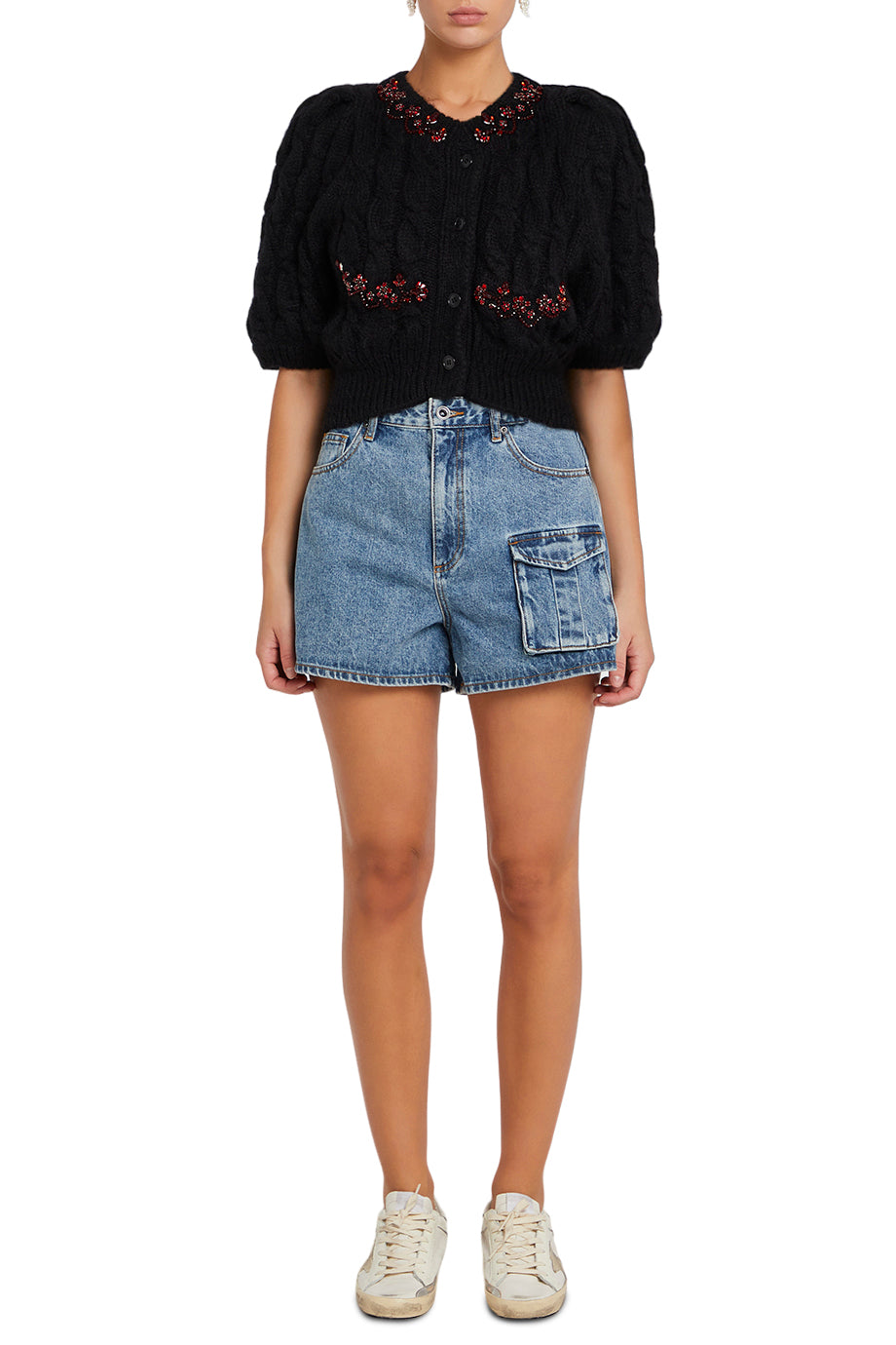 CROPPED CABLE PUFF SLEEVE CARDIGAN