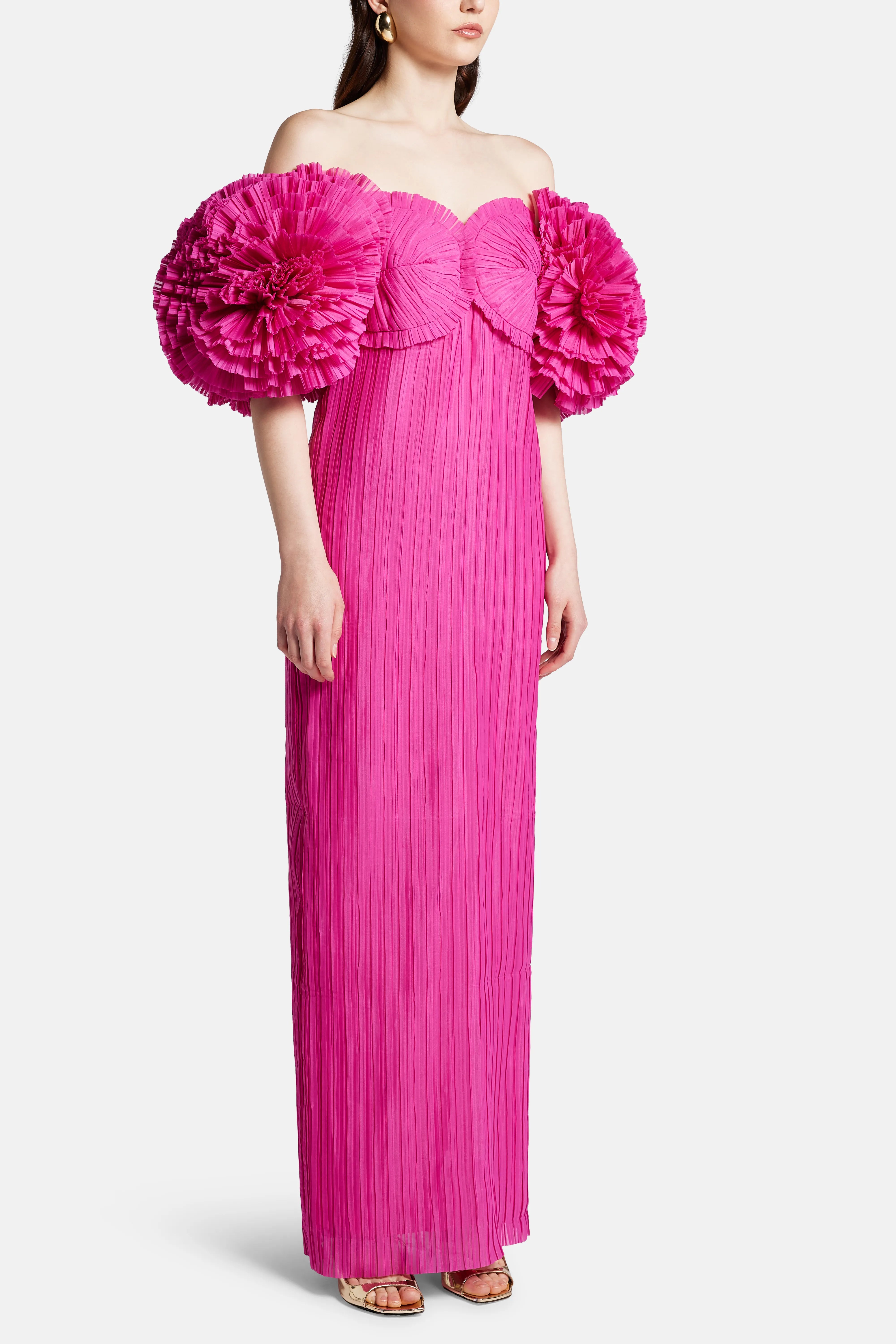 Crystallise Floral Sleeves Pleated Maxi Dress in Pink