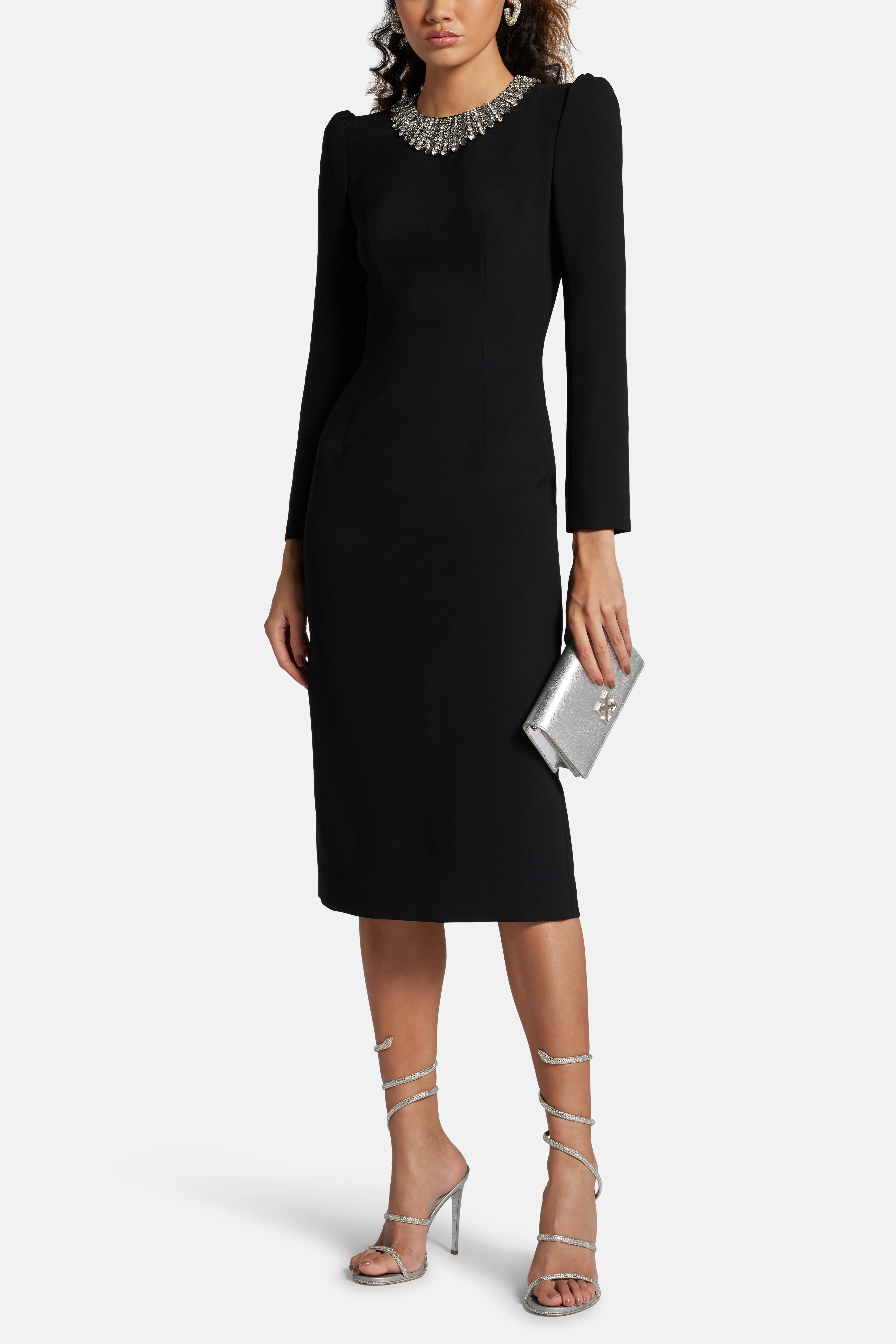 Cora Embellished Cocktail Midi Dress in Black