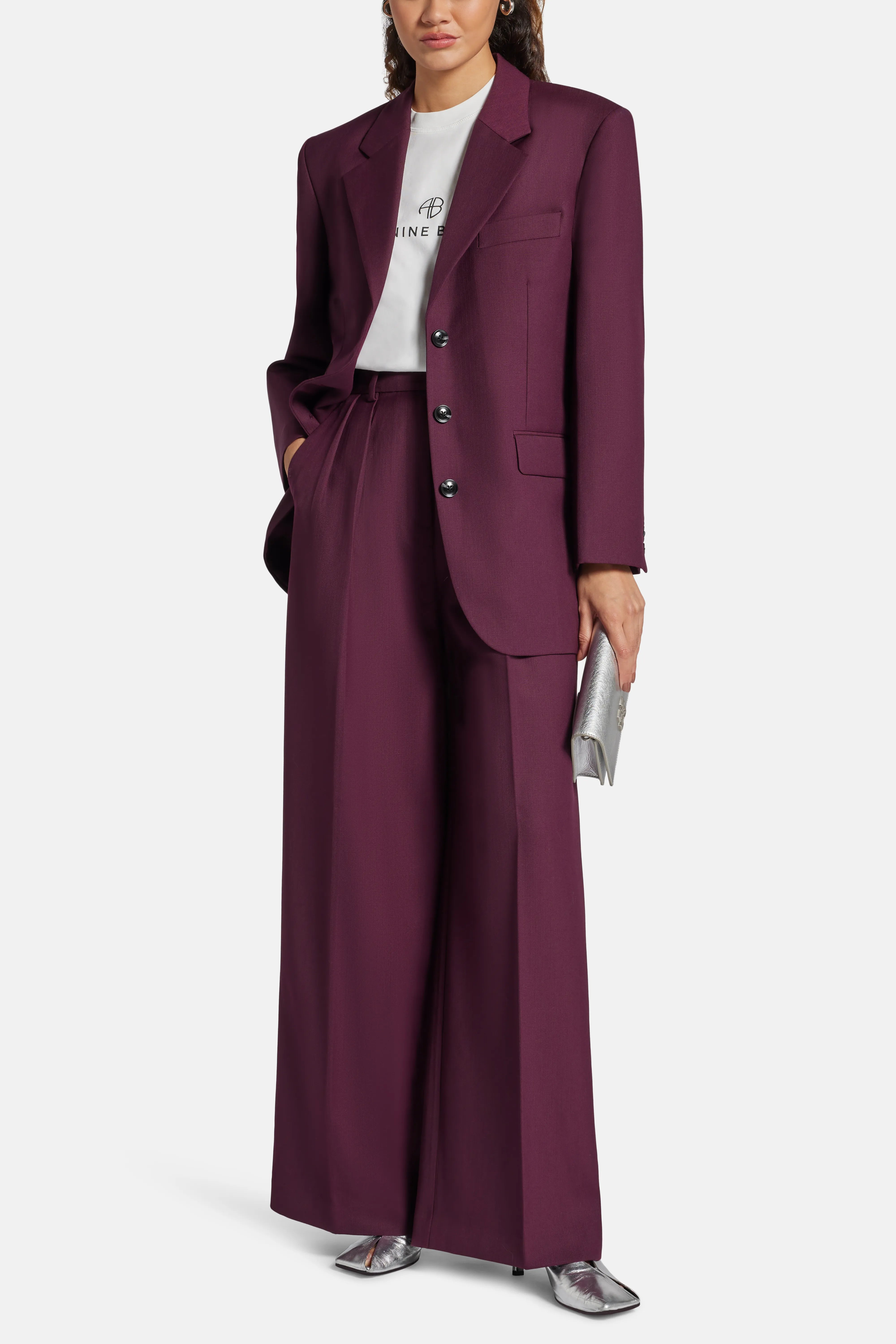 Lou High Waisted Flared Wool Trousers in Burgundy