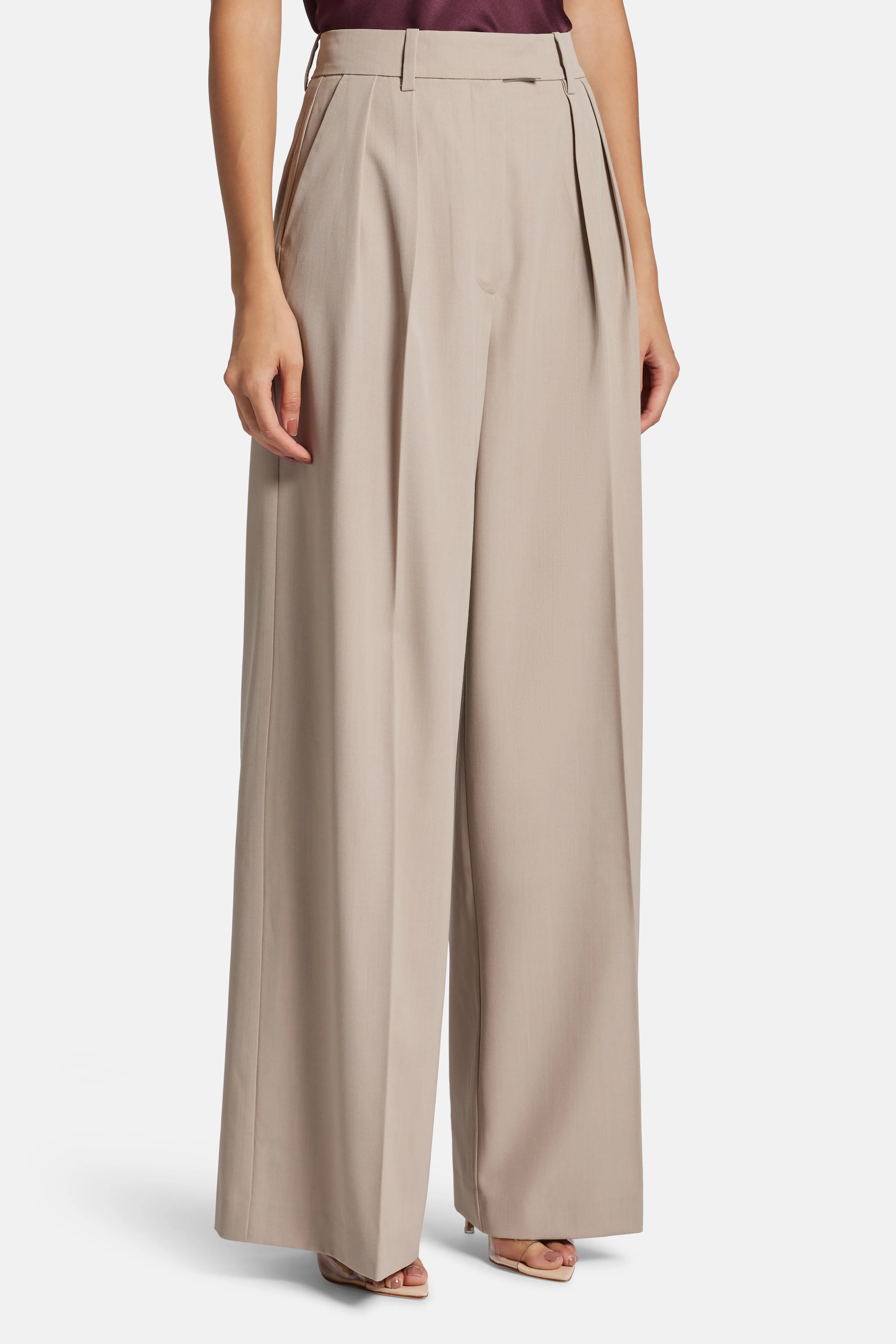 Lou High Waisted Flared Wool Trousers in Beige
