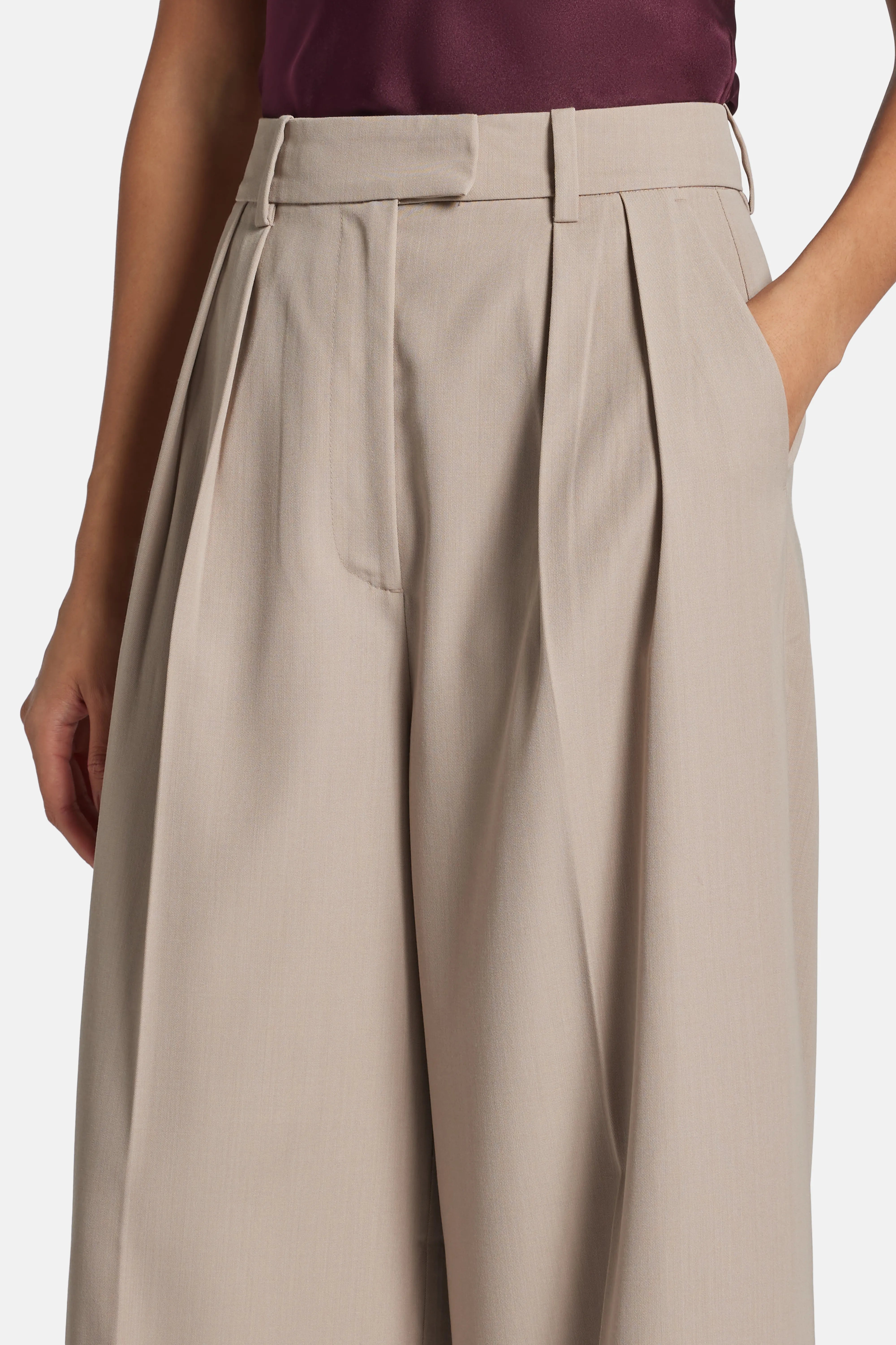 Lou High Waisted Flared Wool Trousers in Beige