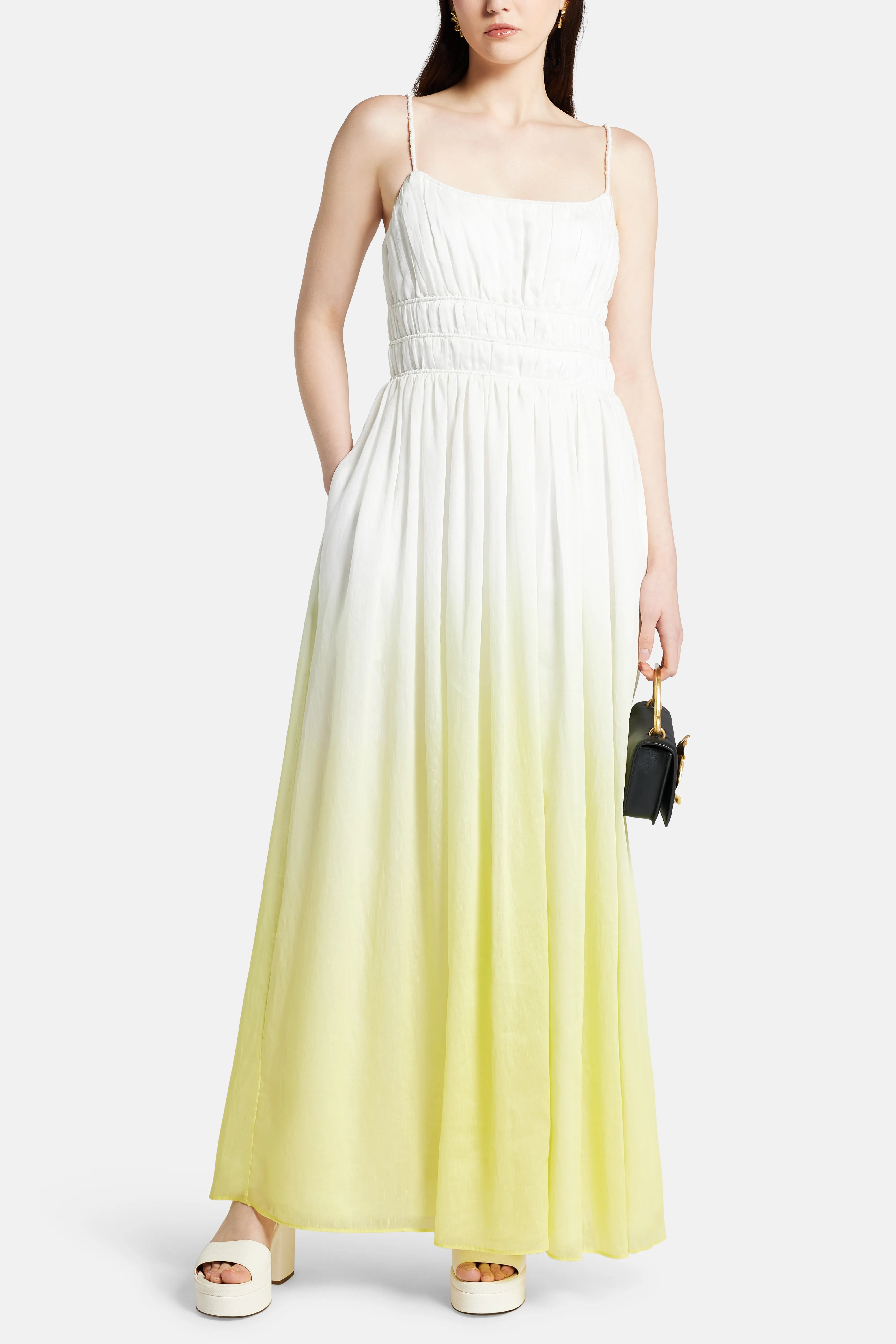 Acapella Ruched Sleeveless Linen Midi Dress in White and Yellow