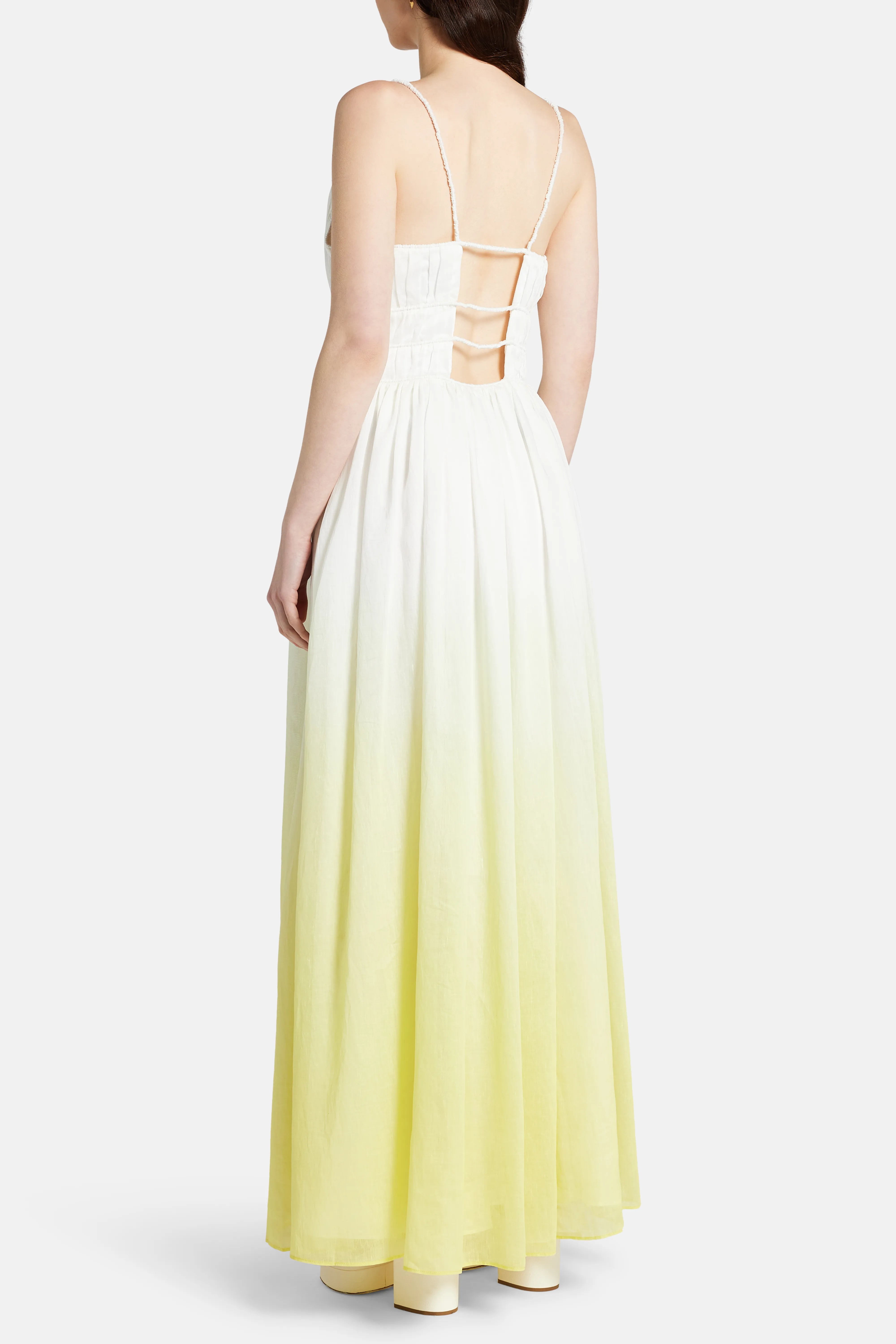 Acapella Ruched Sleeveless Linen Midi Dress in White and Yellow
