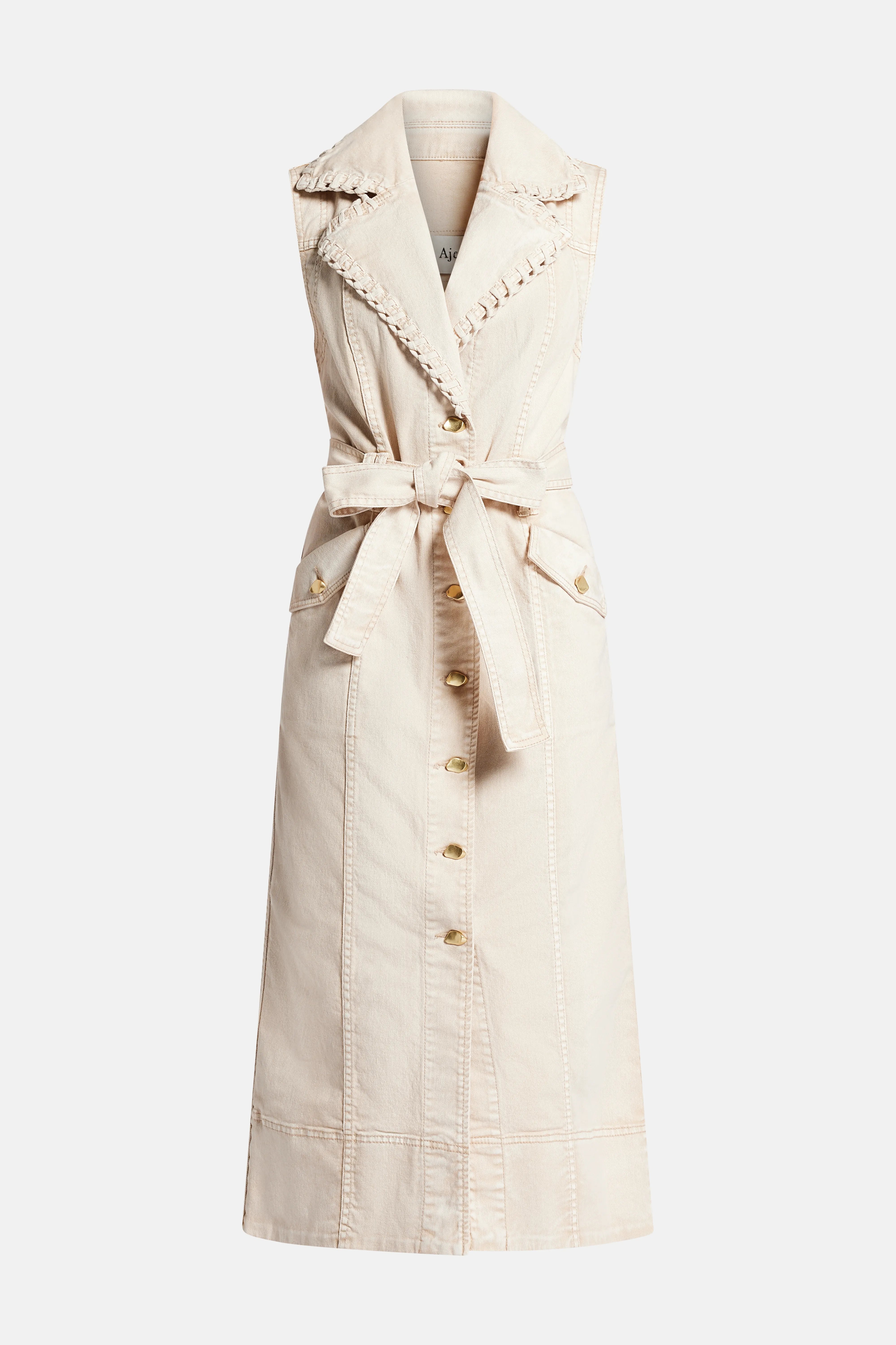 Lorah Sleeveless Denim Cotton Midi Dress in Beige