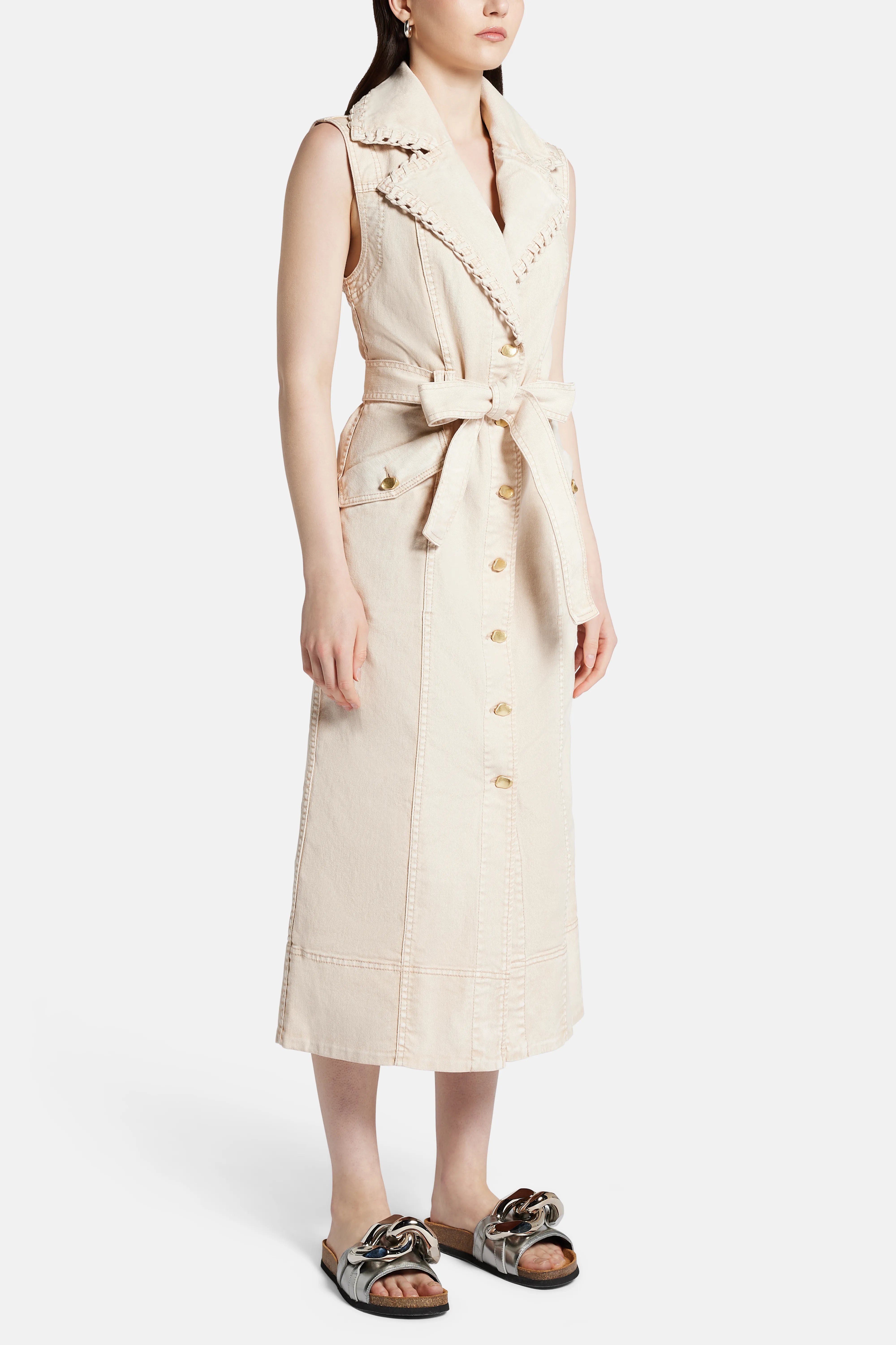Lorah Sleeveless Denim Cotton Midi Dress in Beige