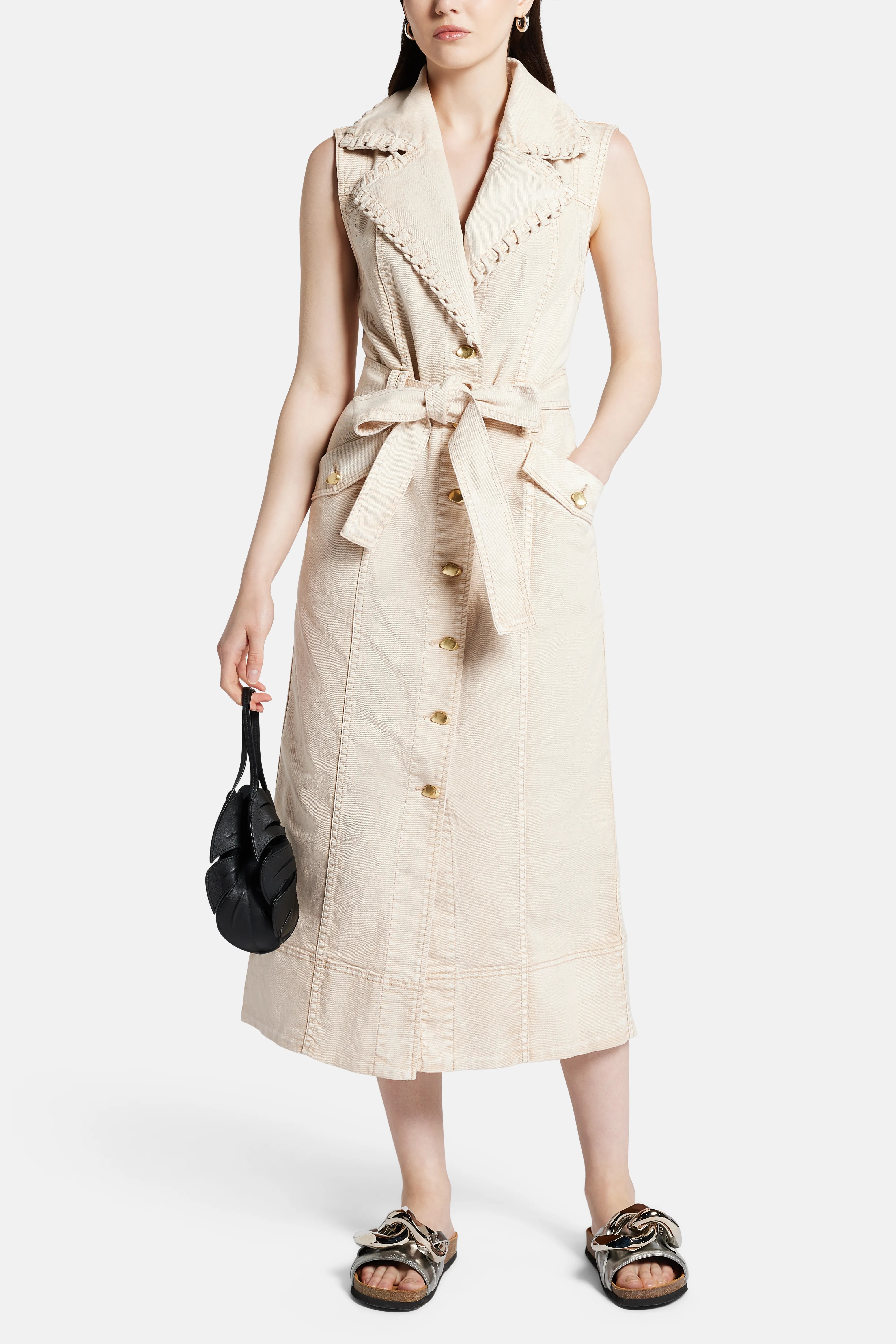 Lorah Sleeveless Denim Cotton Midi Dress in Beige