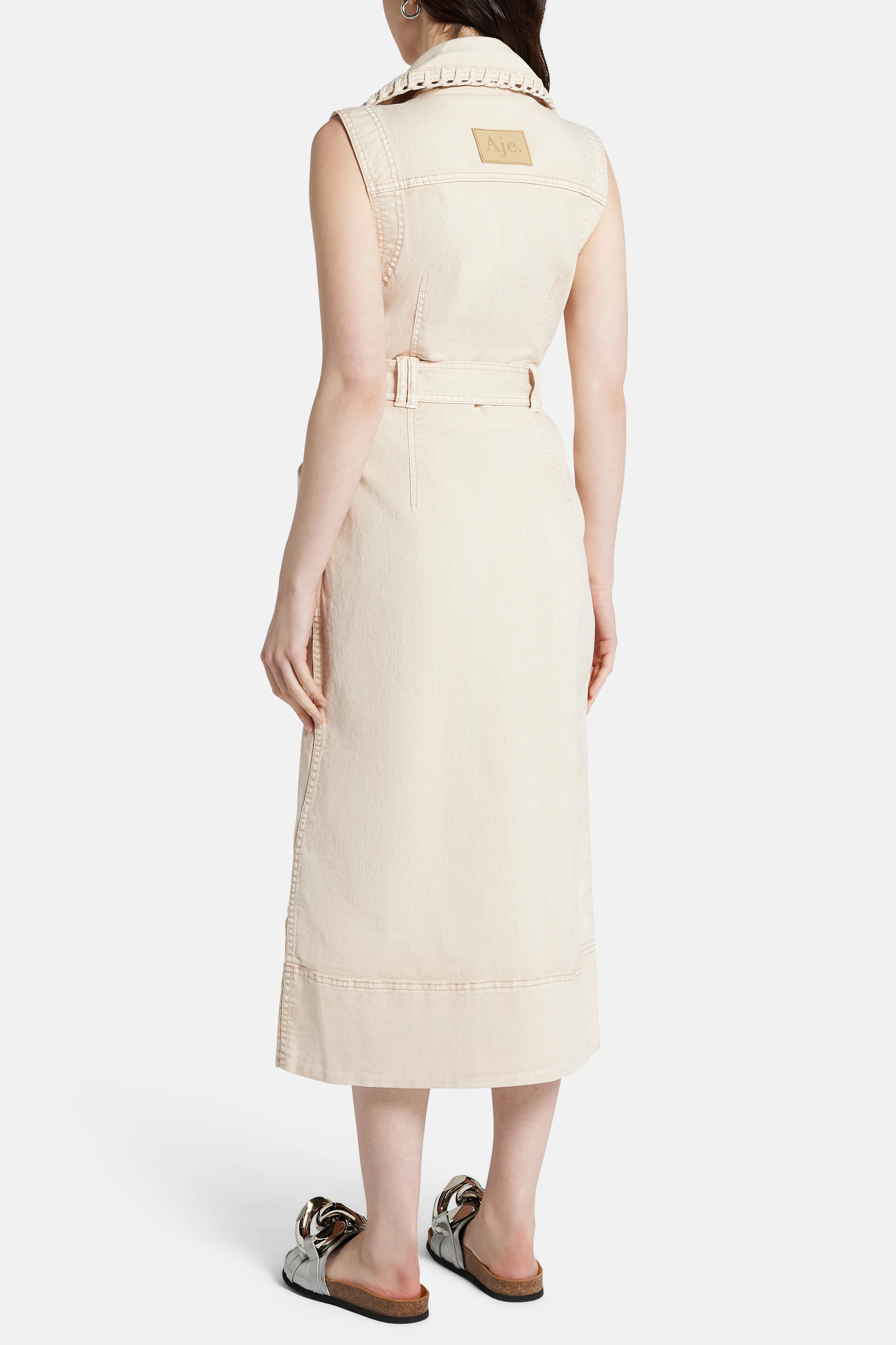 Lorah Sleeveless Denim Cotton Midi Dress in Beige