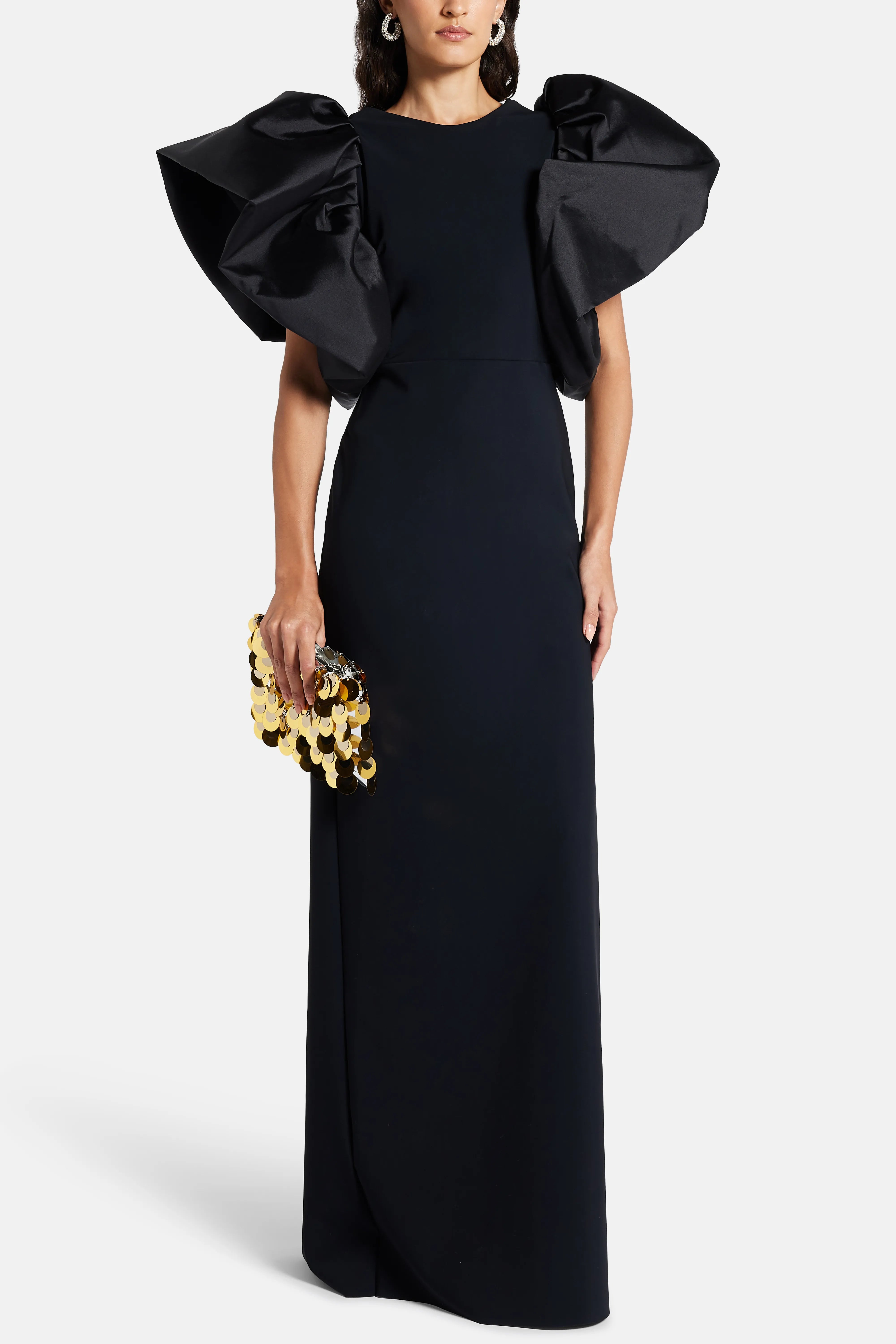 Puff Sleeves Silk Blend Evening Gown in Black