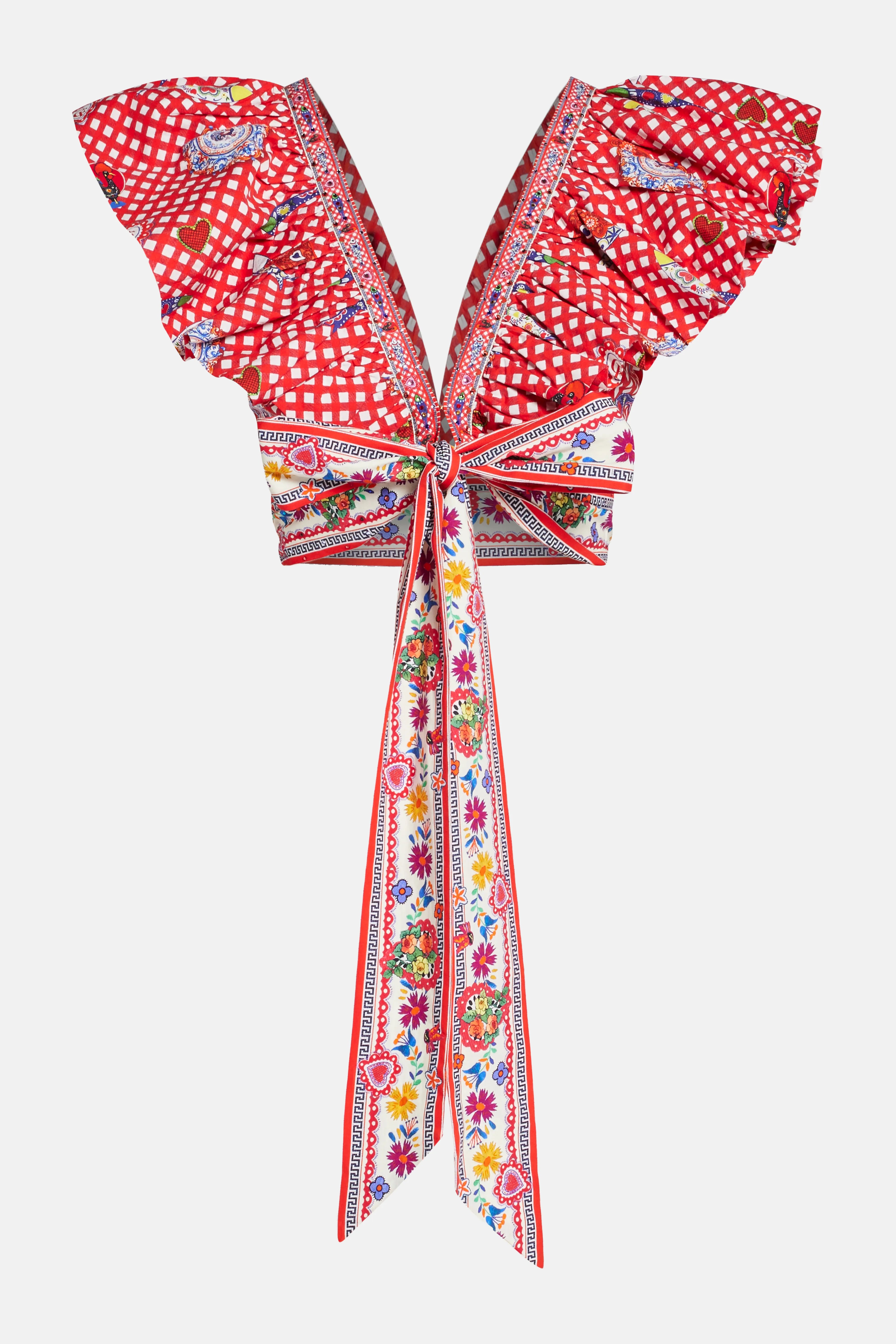 Floral Ruffle V Neck Wrap Cotton Top in Red
