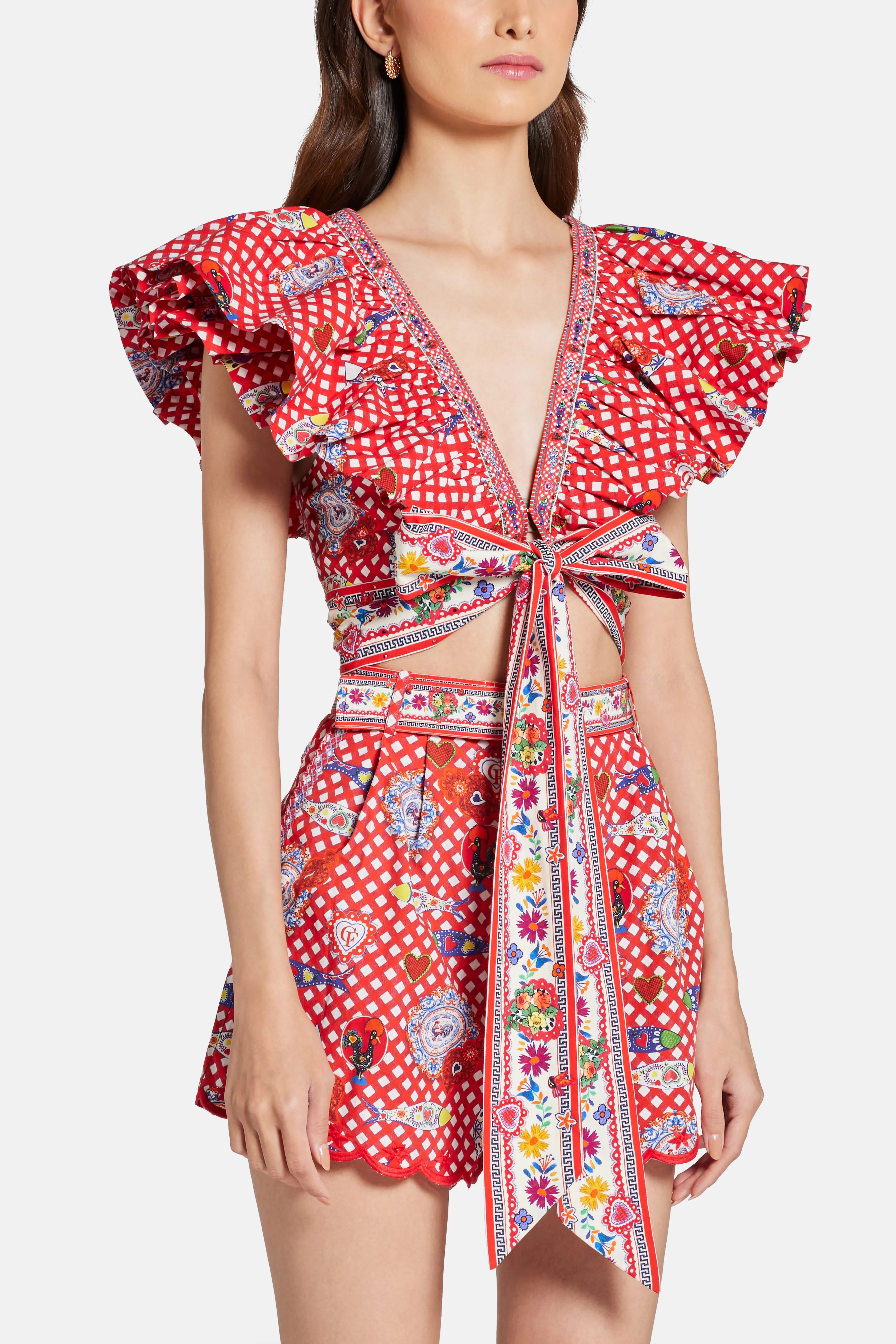 Floral Ruffle V Neck Wrap Cotton Top in Red