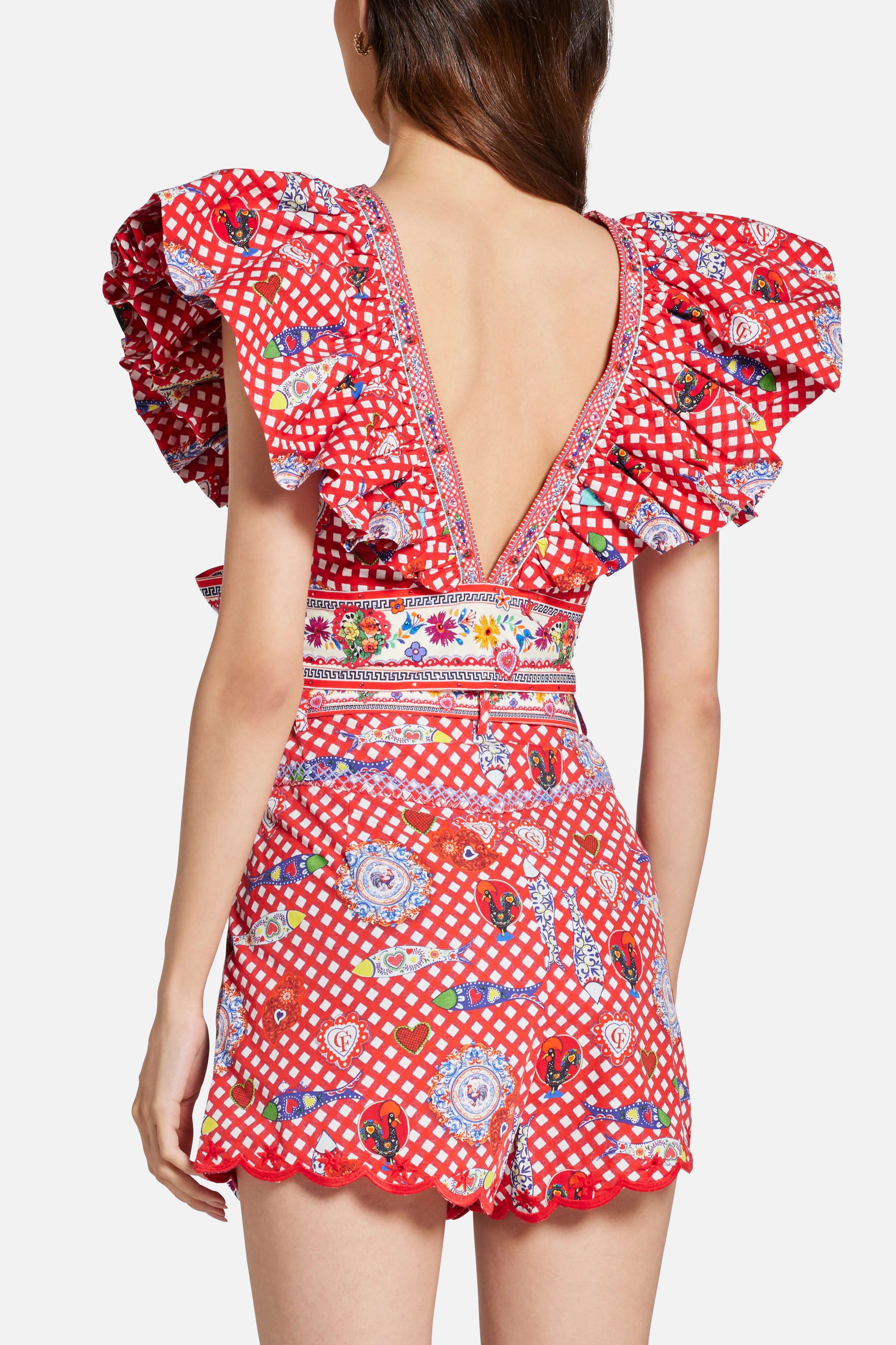 Floral Ruffle V Neck Wrap Cotton Top in Red