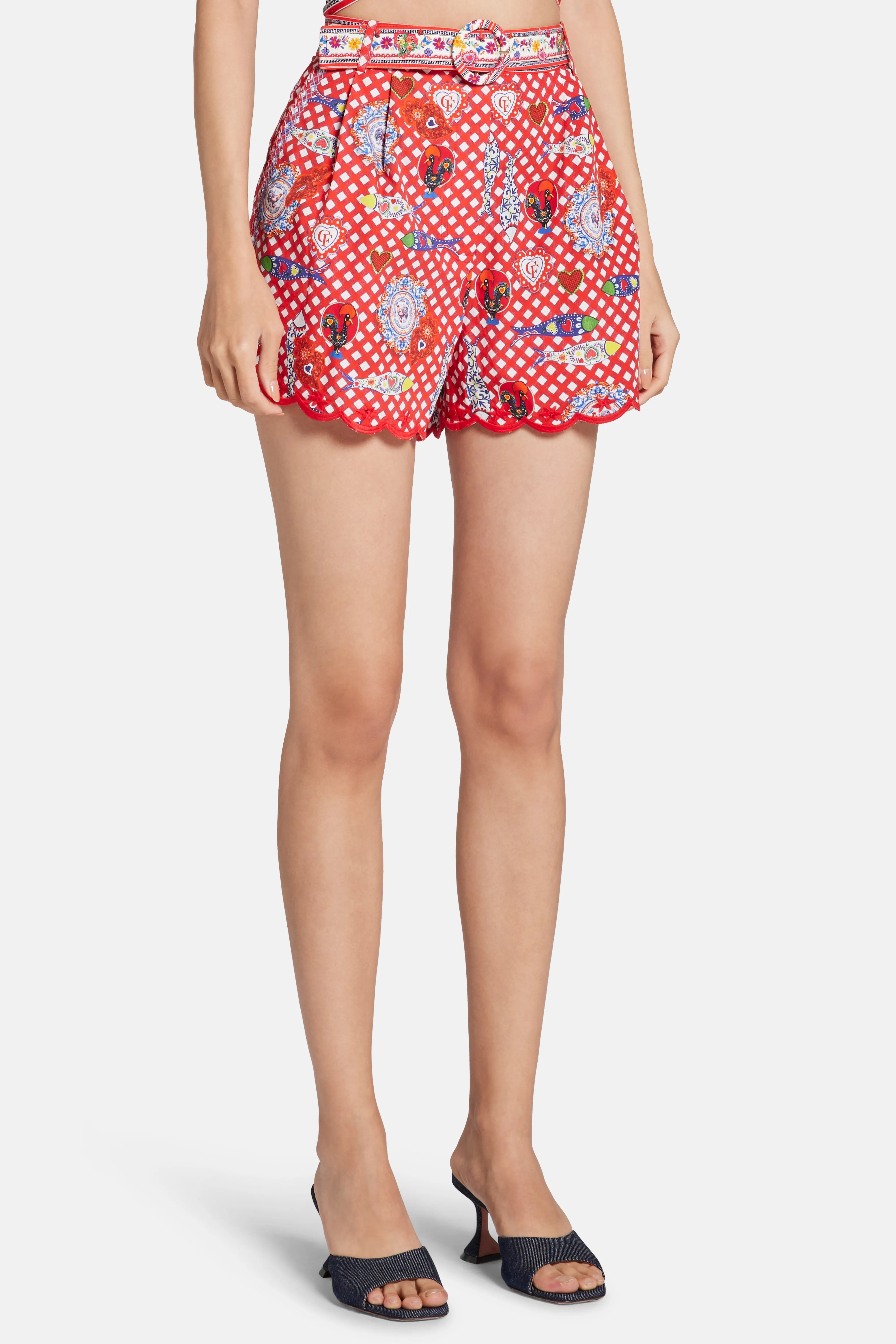 Floral Tuck Front Cotton Shorts in Red