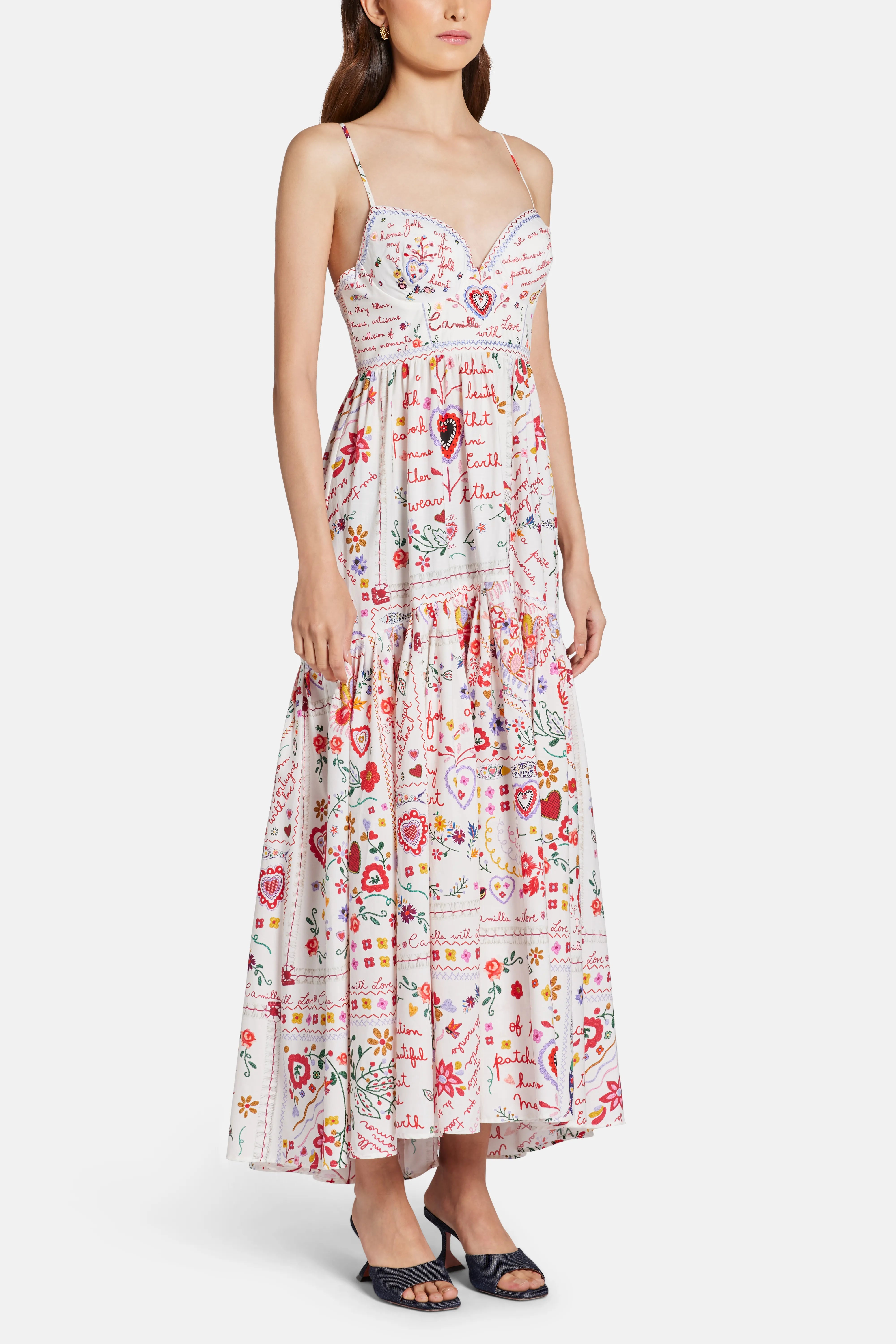 Floral Sleeveless Cotton Maxi Dress With Full Skirt in Red and White