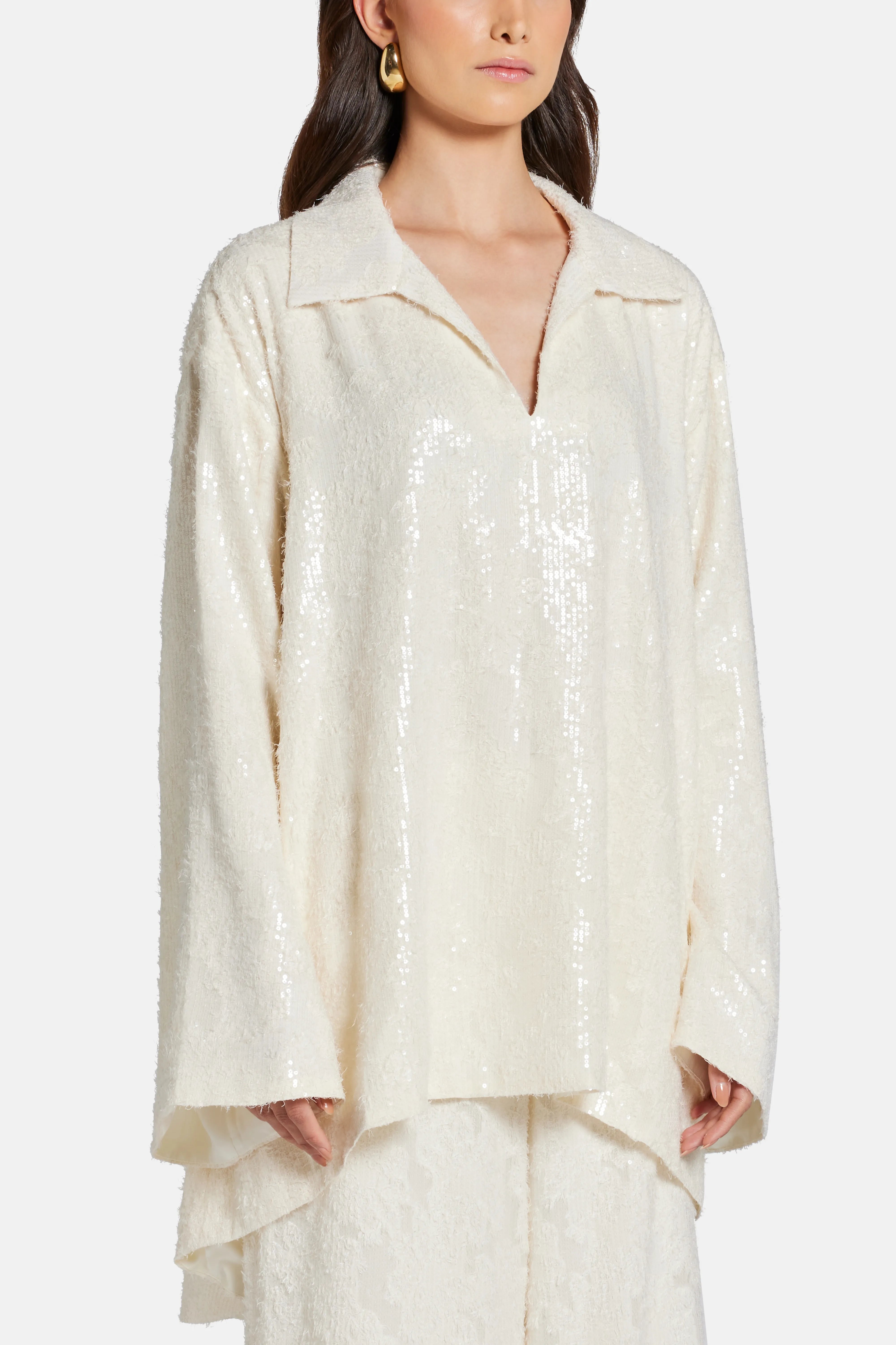 Sequin V Neck Shirt in White