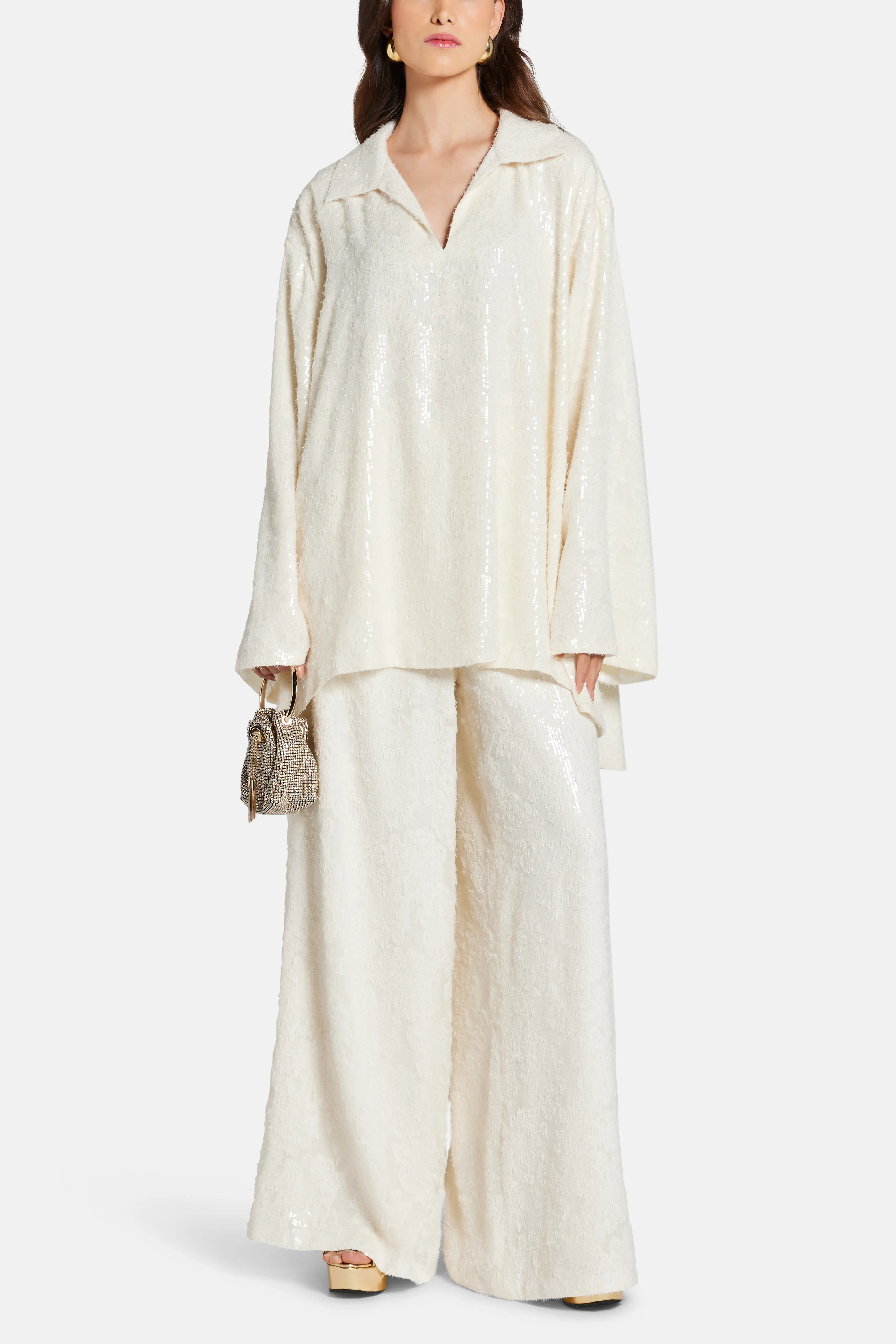 Sequin V Neck Shirt in White