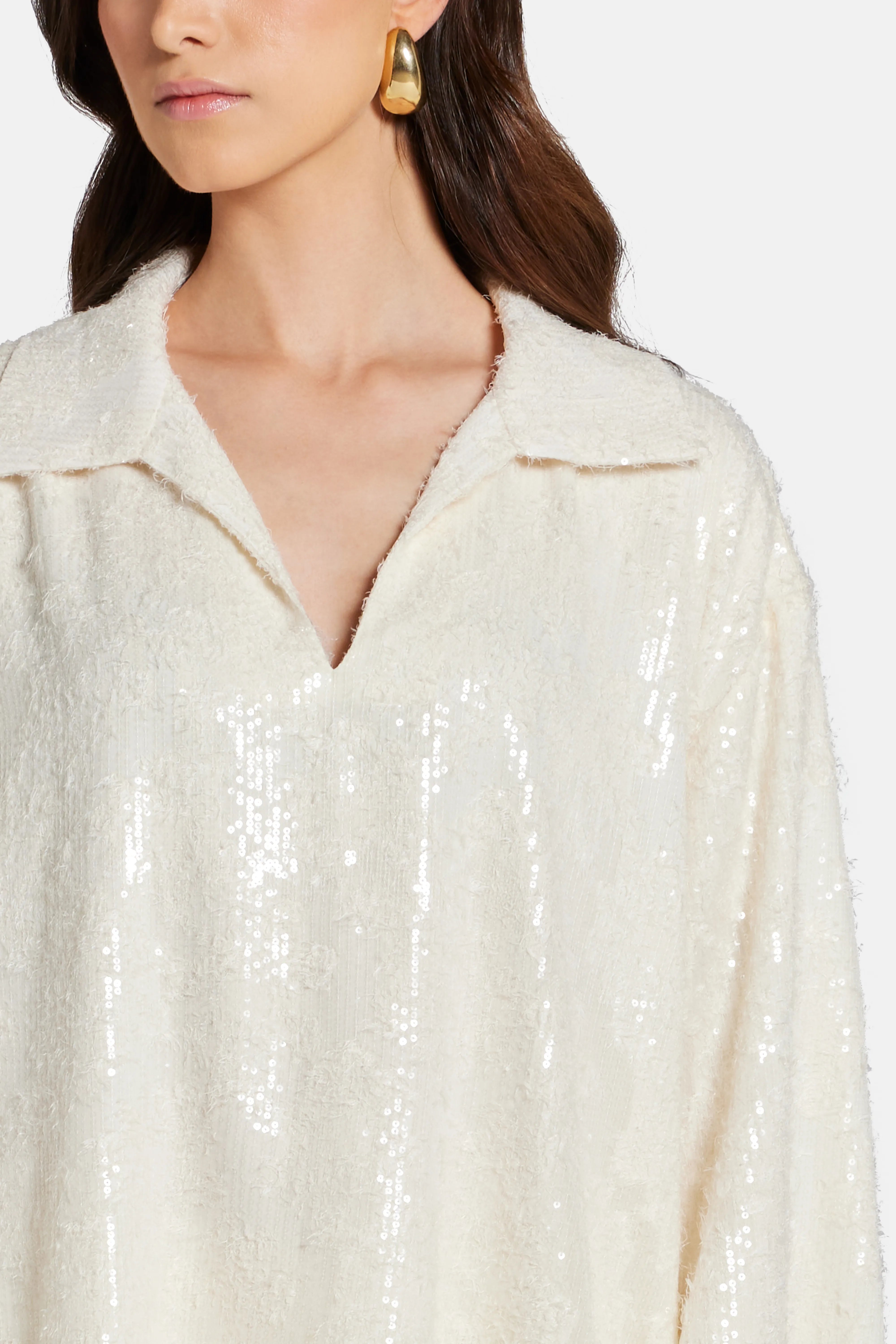 Sequin V Neck Shirt in White