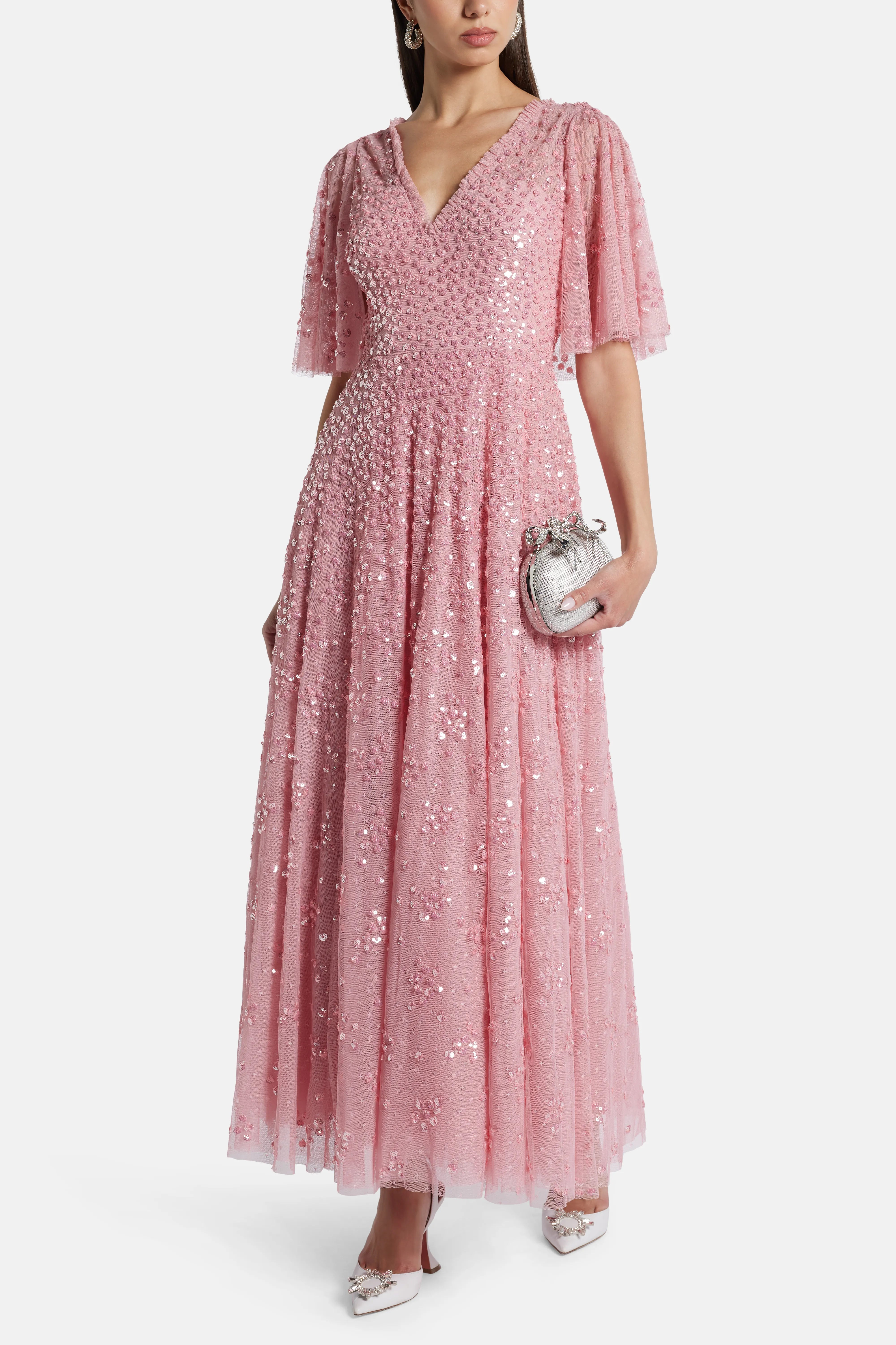Leila Dot V Neck Sequin Midi Dress in Pink