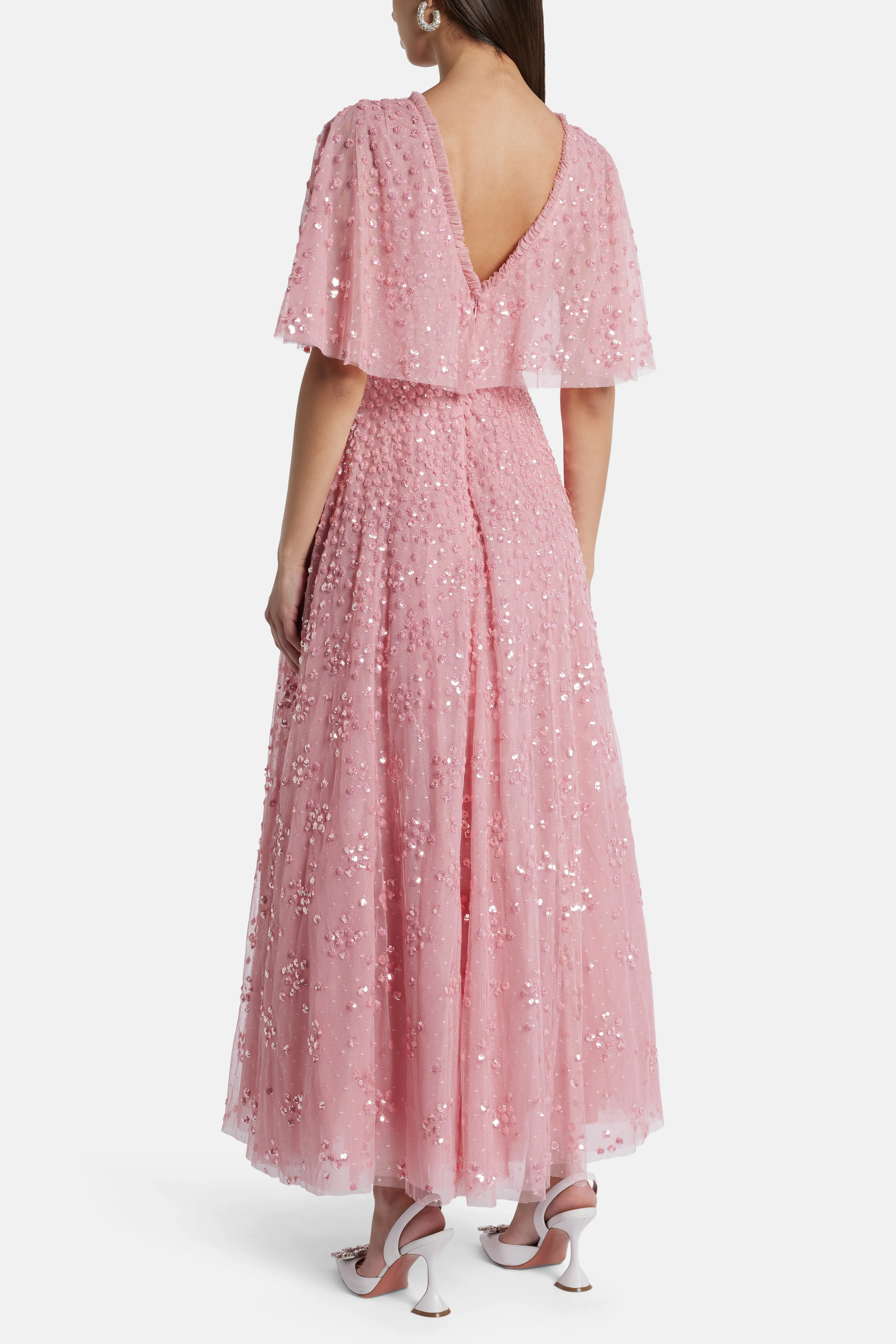Leila Dot V Neck Sequin Midi Dress in Pink