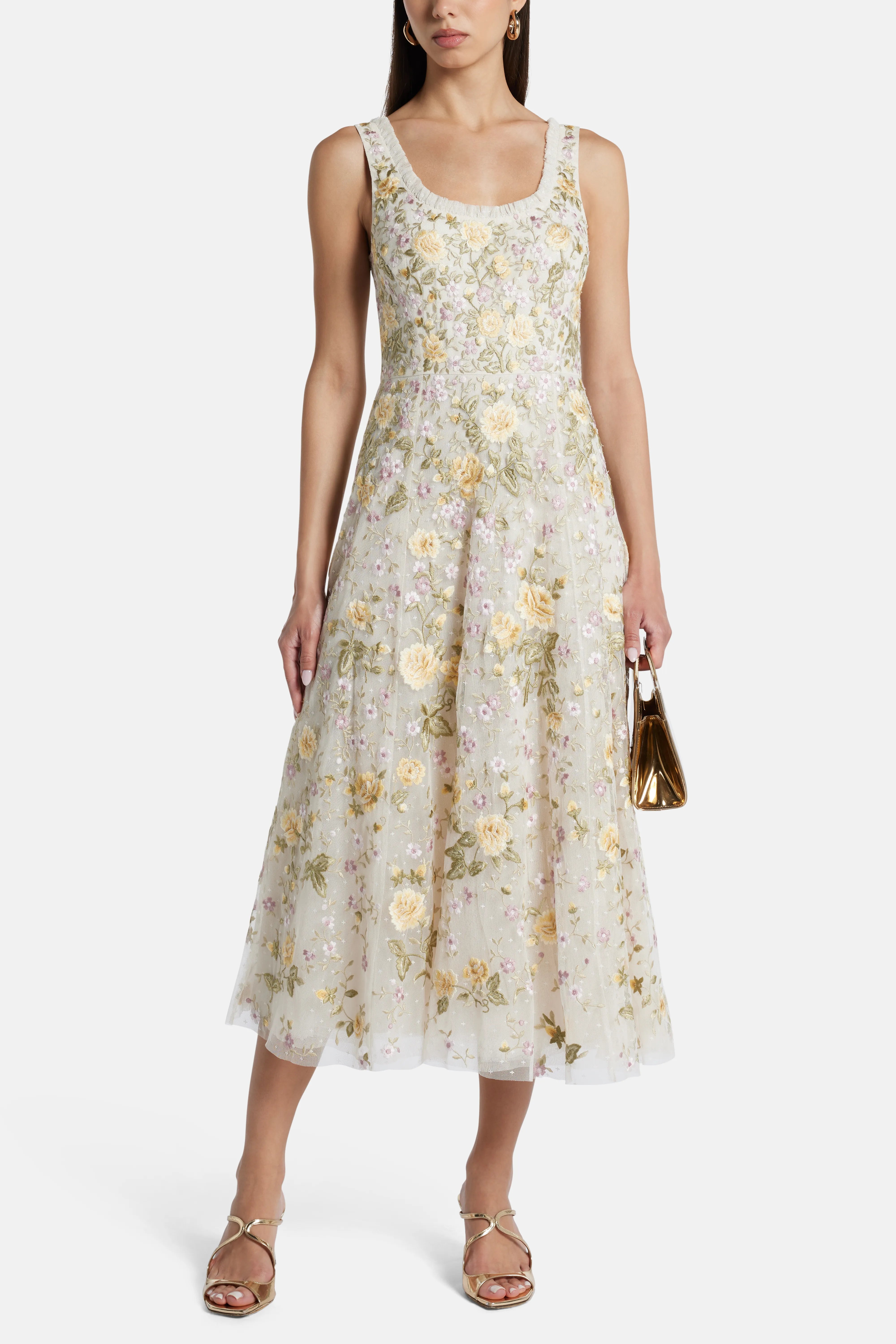 Florine Sleeveless Ballerina Floral Midi Dress in Cream