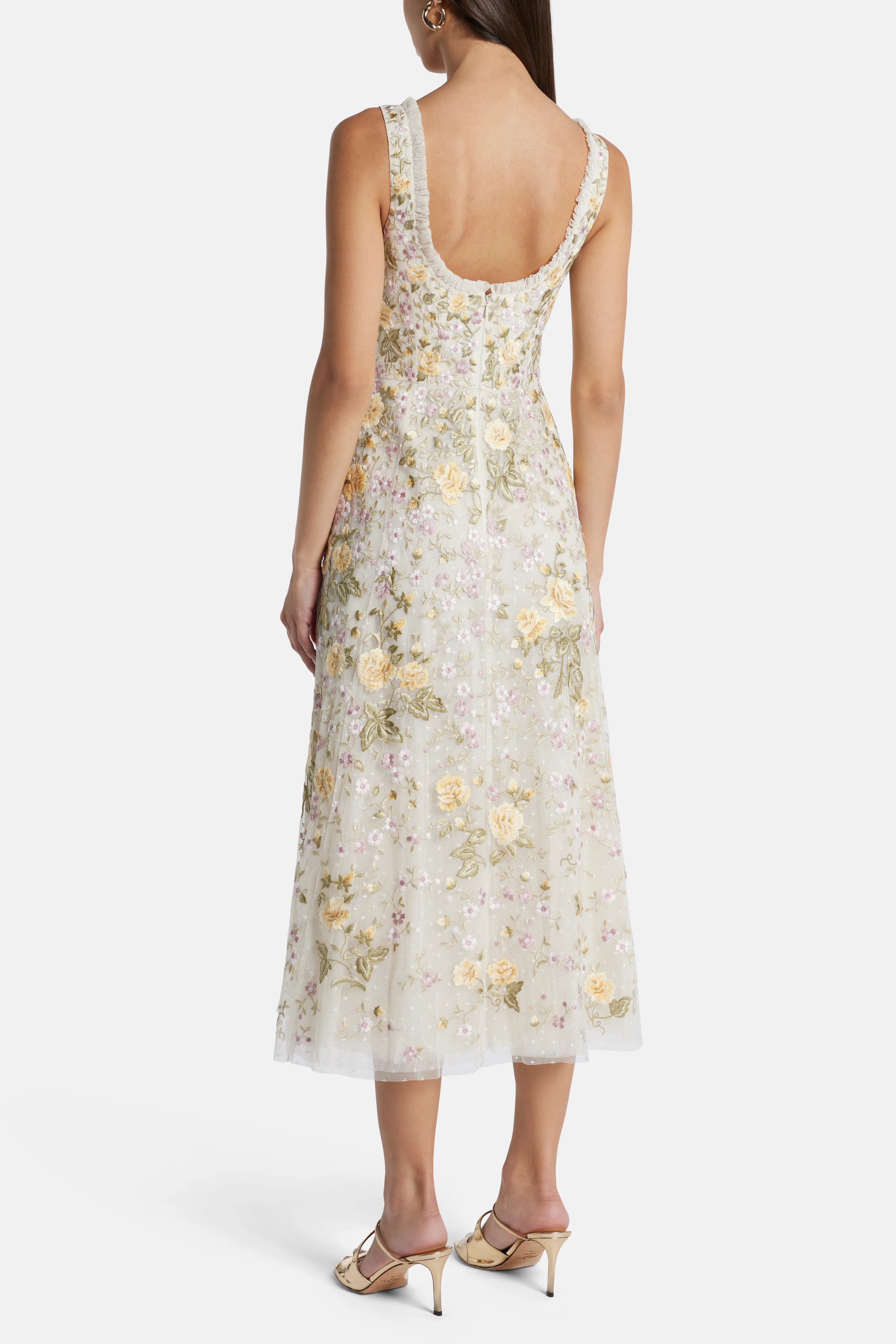 Florine Sleeveless Ballerina Floral Midi Dress in Cream