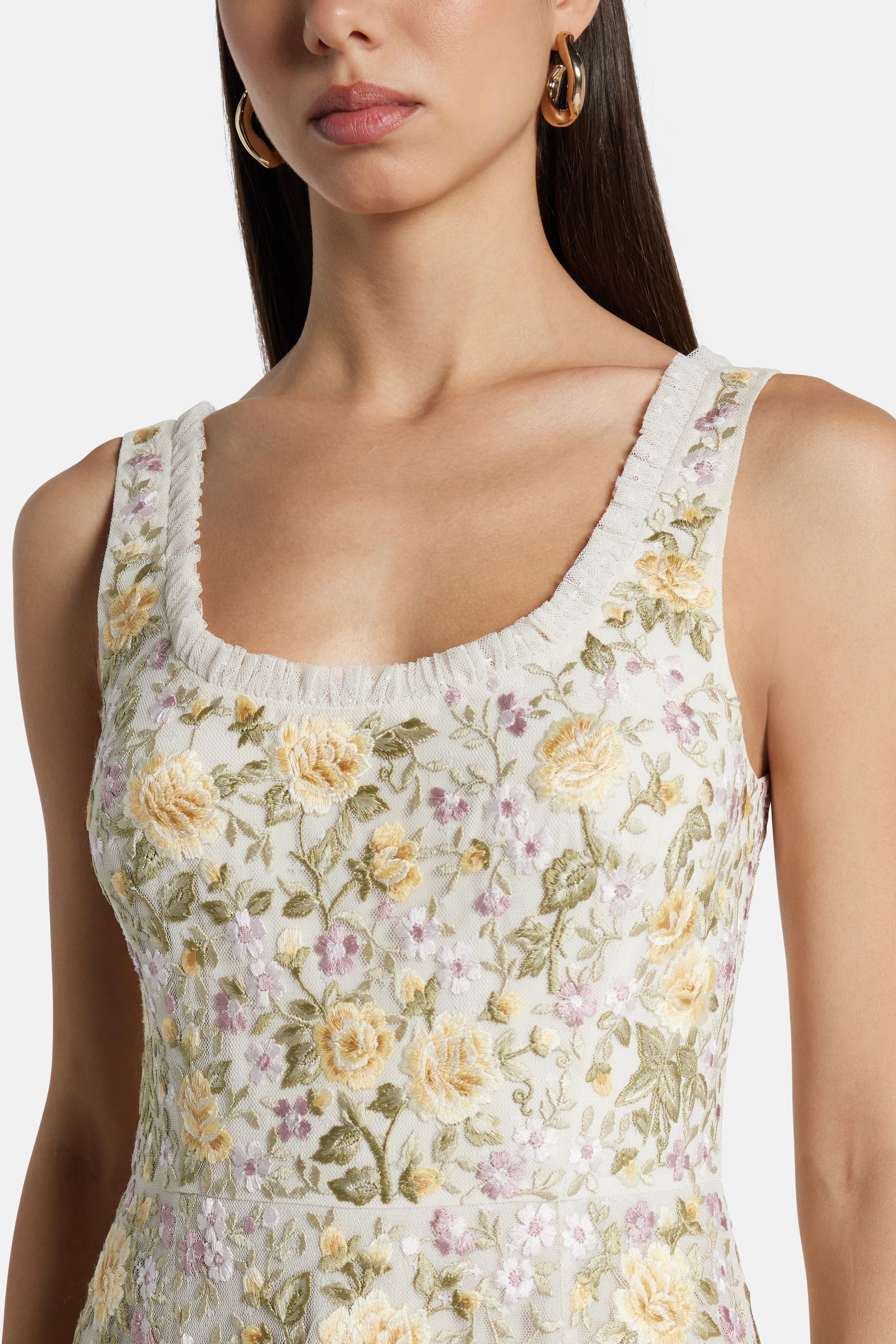 Florine Sleeveless Ballerina Floral Midi Dress in Cream