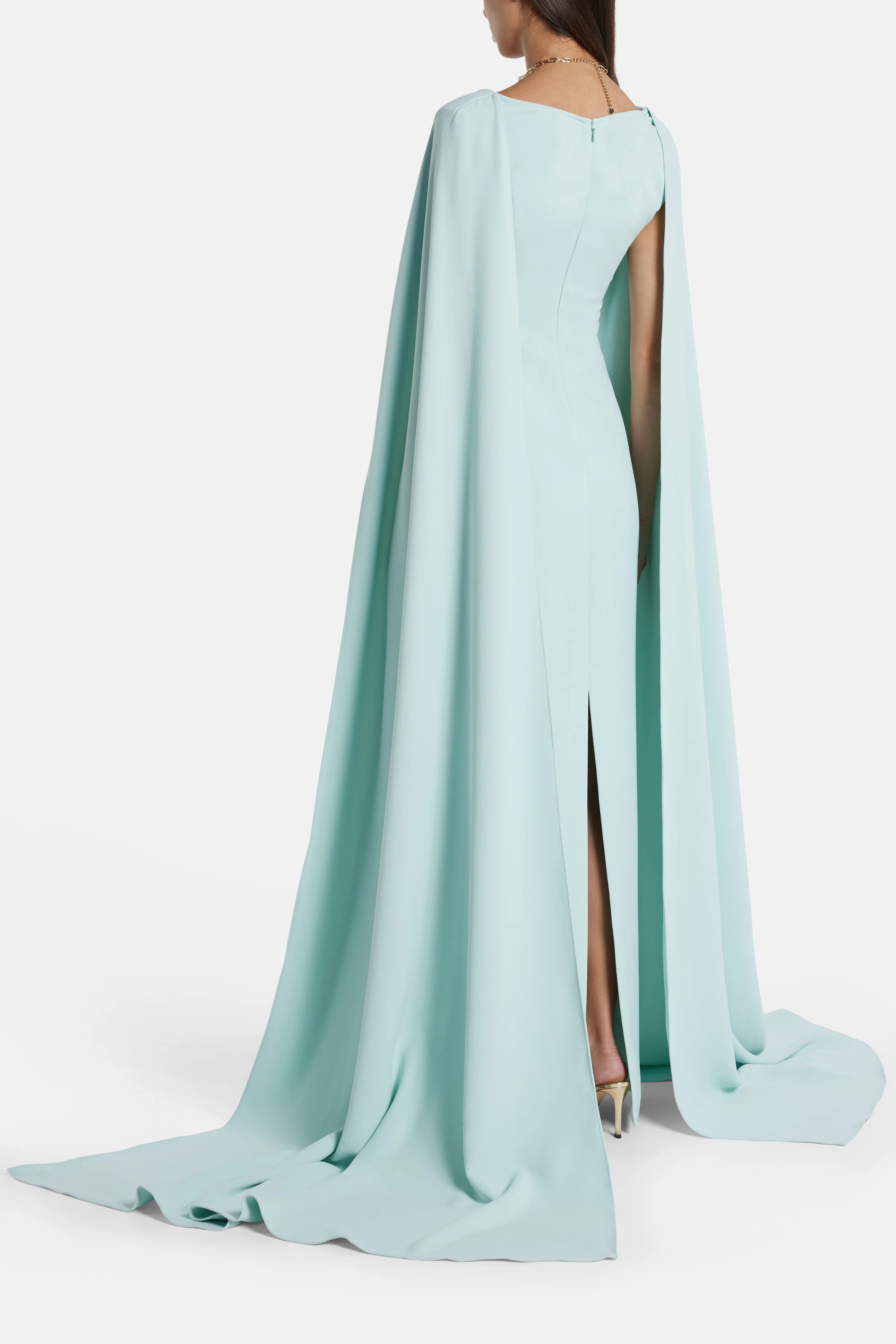 Morgan V Neck Cape Evening Dress in Blue