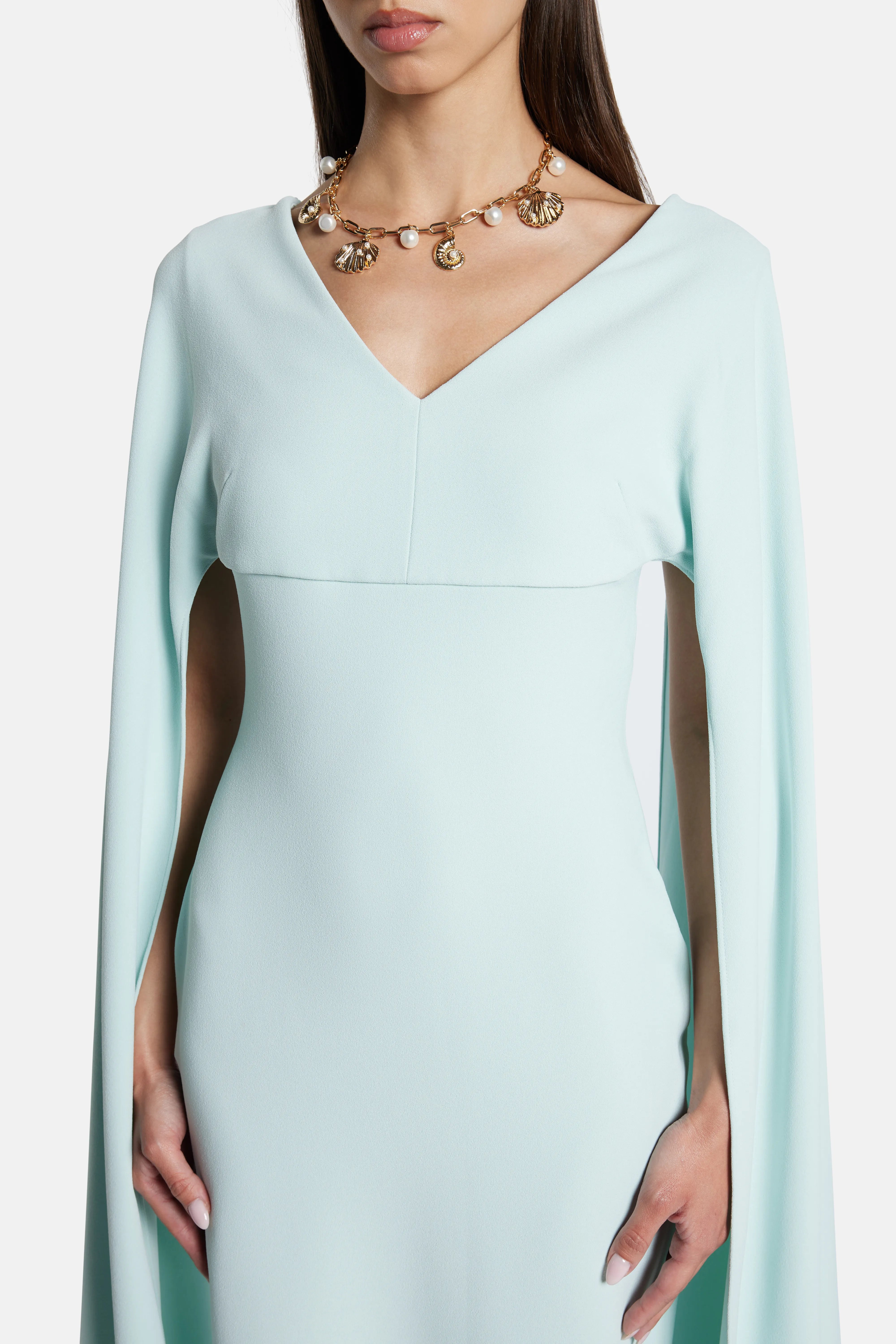 Morgan V Neck Cape Evening Dress in Blue