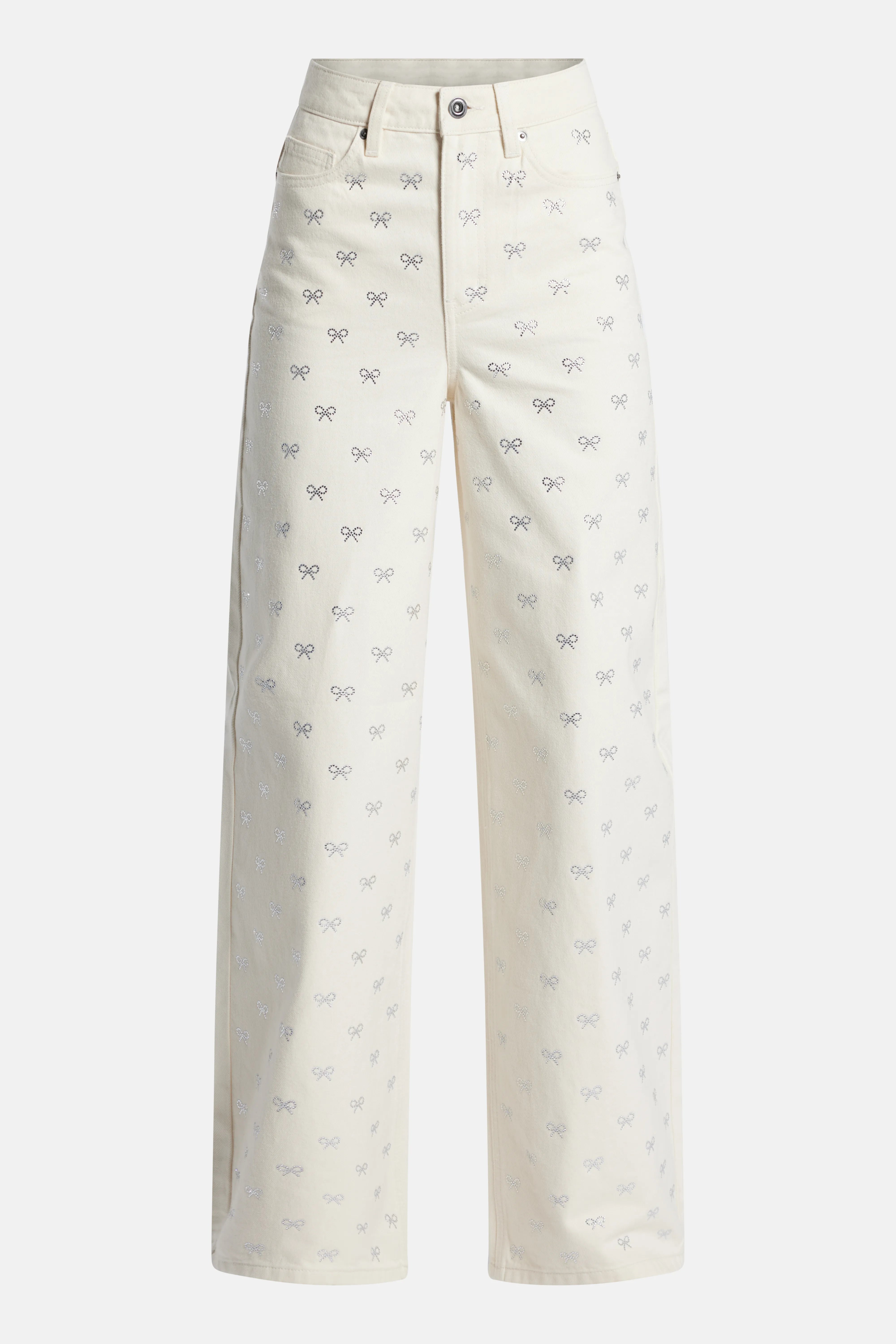 Diamante Bow Denim Flared Jeans in Cream