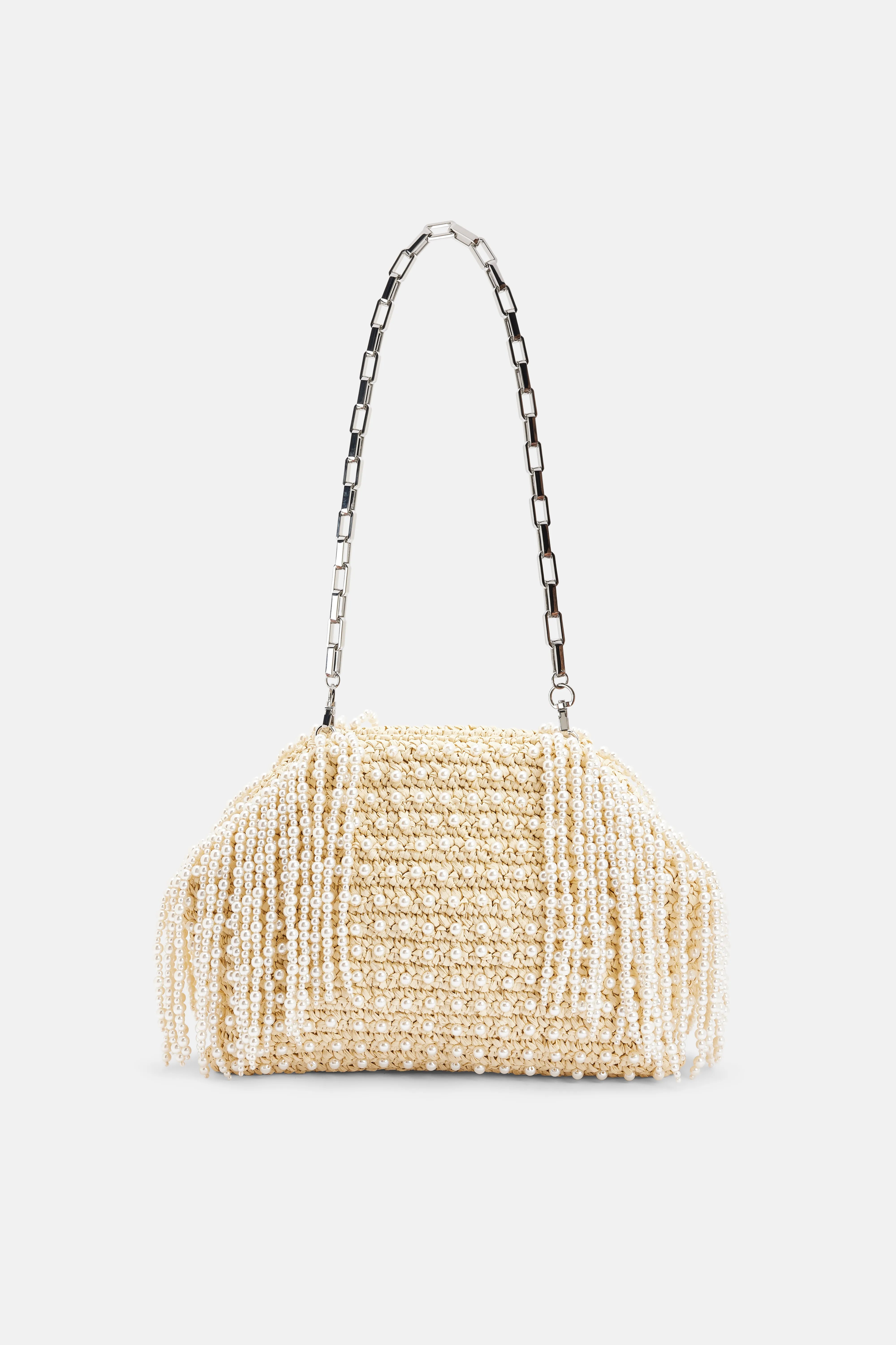 Raffia Pearl Fringe Clutch Bag in Cream