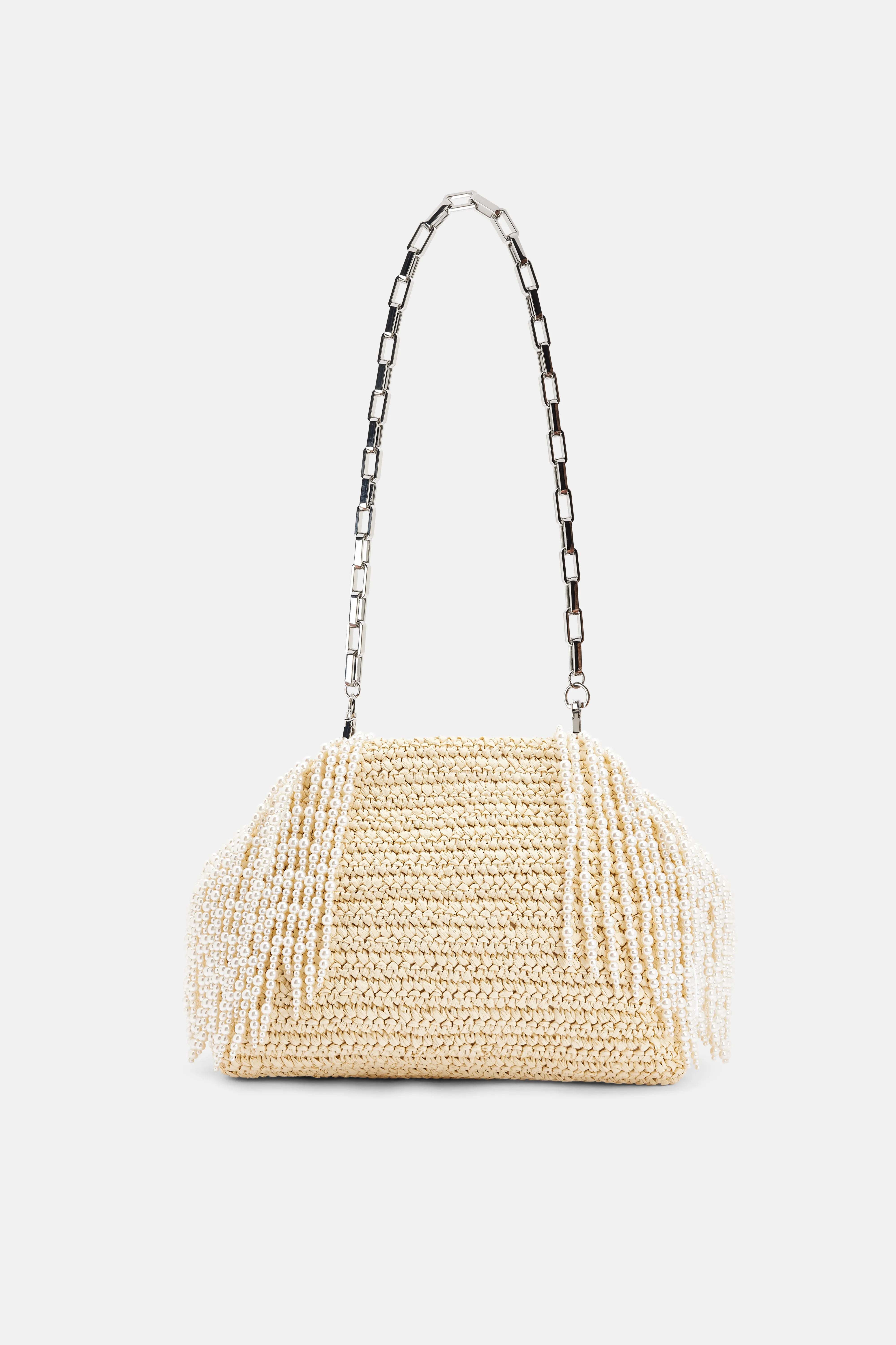 Raffia Pearl Fringe Clutch Bag in Cream