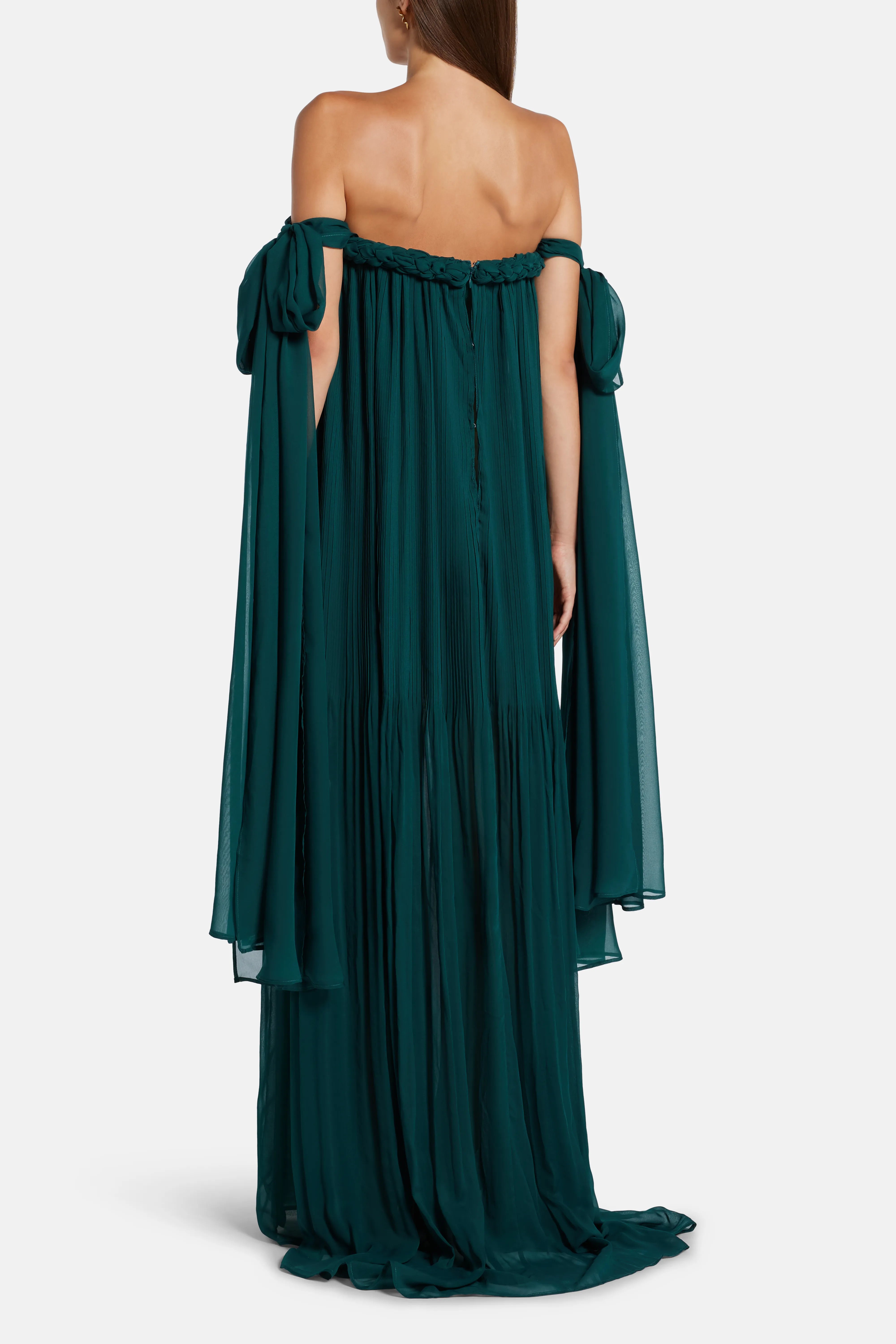 فستان ماكسي كاميلا مكشوف الأكتاف باللون الأخضر