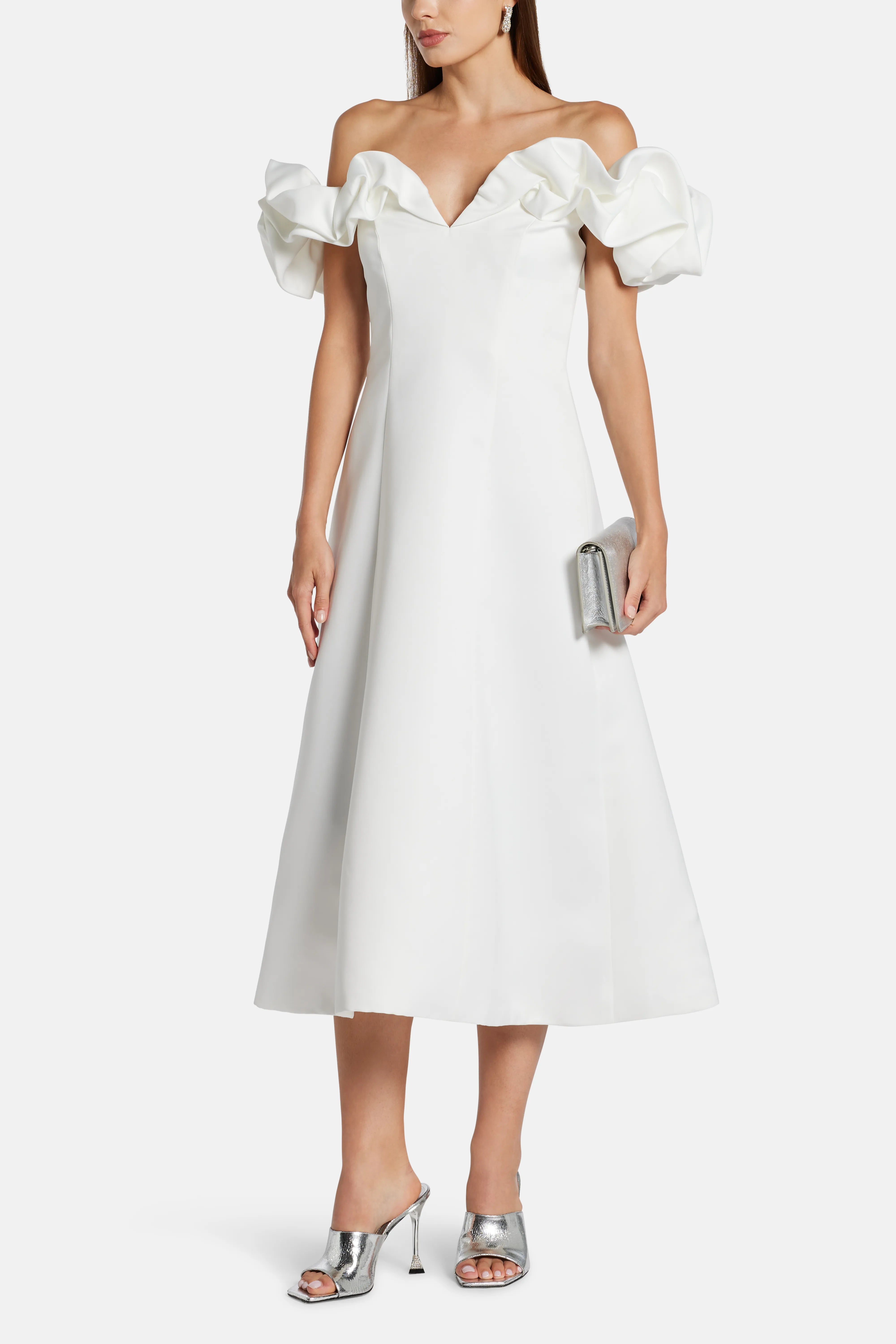 Annie Off Shoulder Frill Midi Dress in White