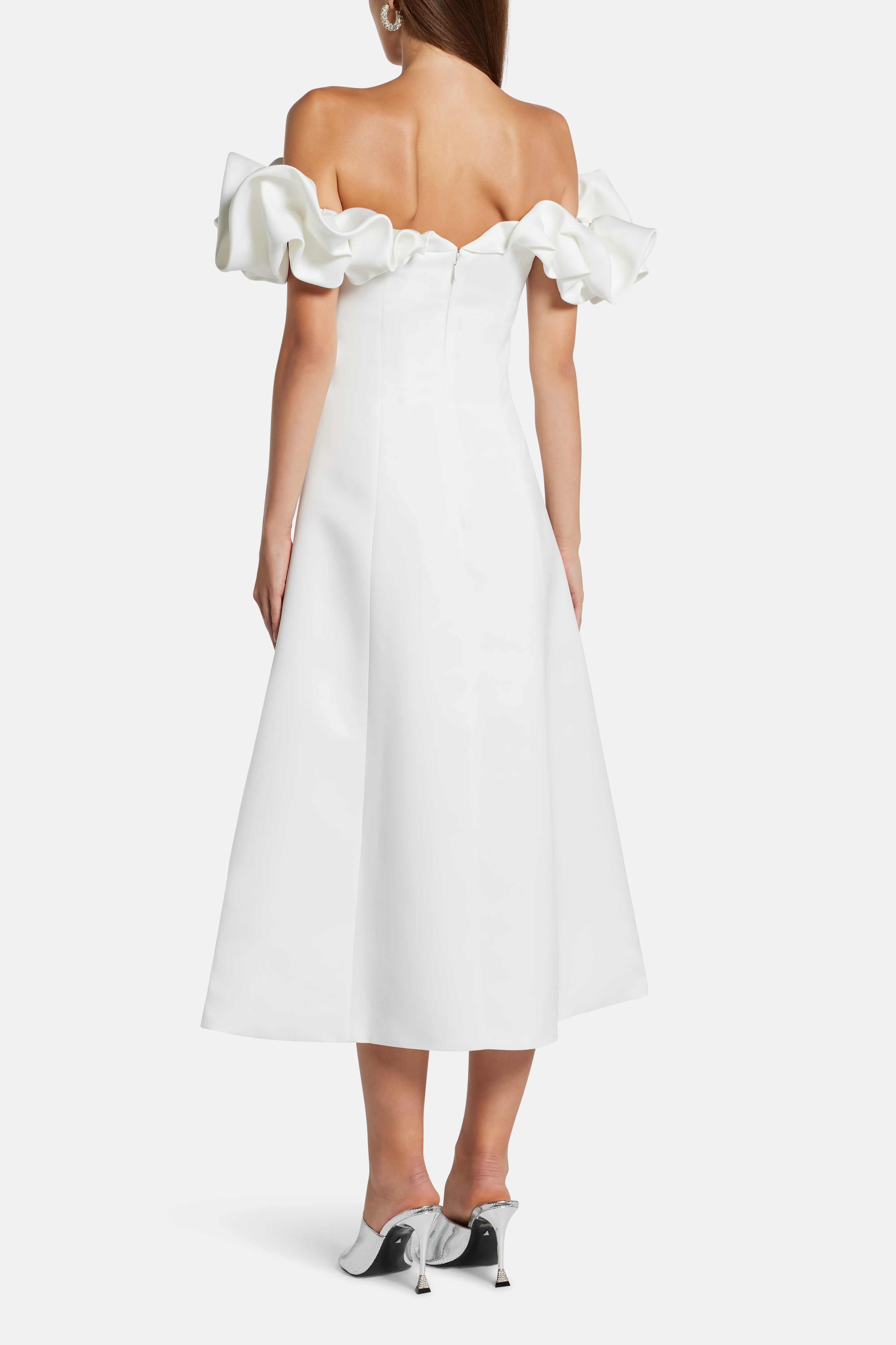 Annie Off Shoulder Frill Midi Dress in White